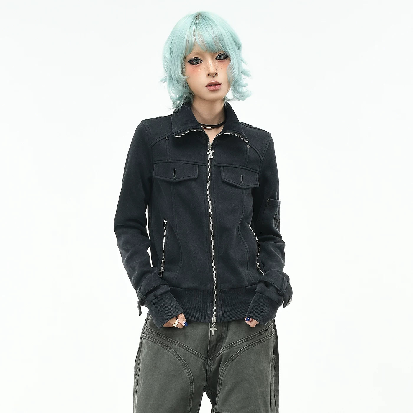 OV original American fashion brand vintage short standing collar jacket for women's autumn slim fit metal buckle zipper cardigan jacket trend