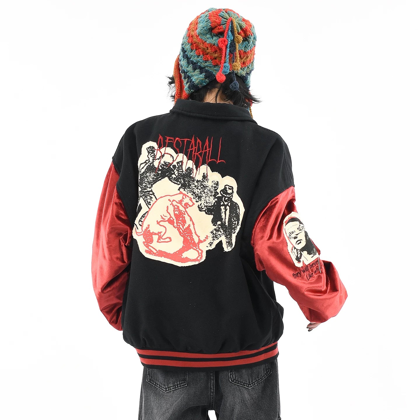 OV original American retro character patch embroidery baseball jacket for women, autumn loose contrasting splicing jacket for men