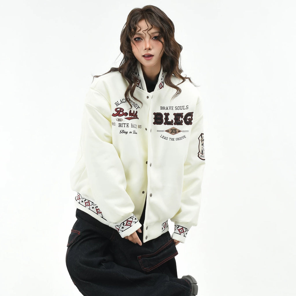 OV original American retro embroidered baseball jacket with cotton jacket, women's winter loose fitting couple stand up collar cotton jacket, men's cotton jacket