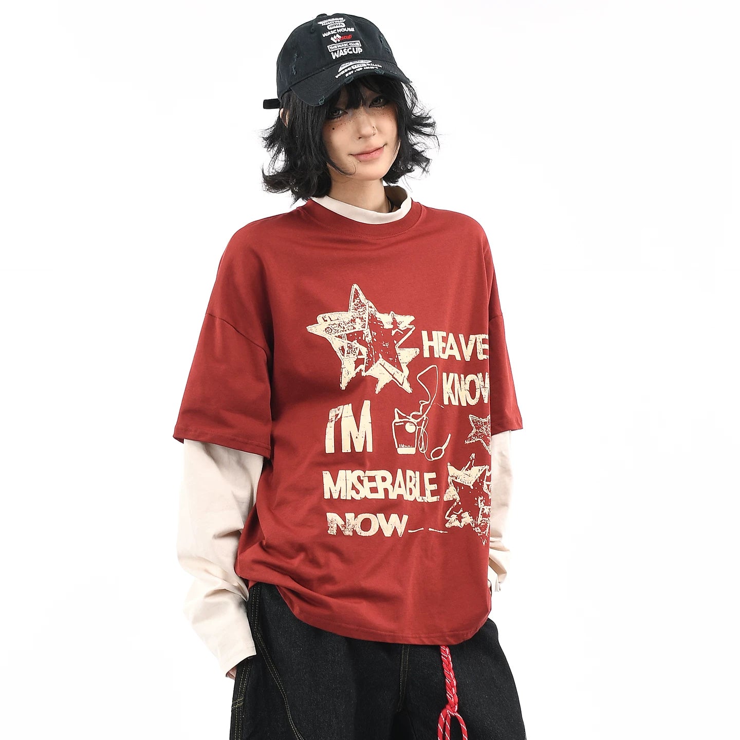 OV original/American retro fake two-piece contrasting splicing long sleeved T-shirt for men and women autumn street loose couple top