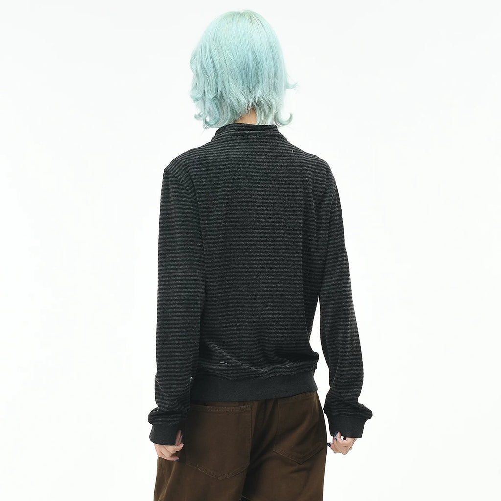 OV original light Asian punk style black gray striped stand up collar cardigan sweatshirt for women in autumn, rivet slim fit short jacket trend