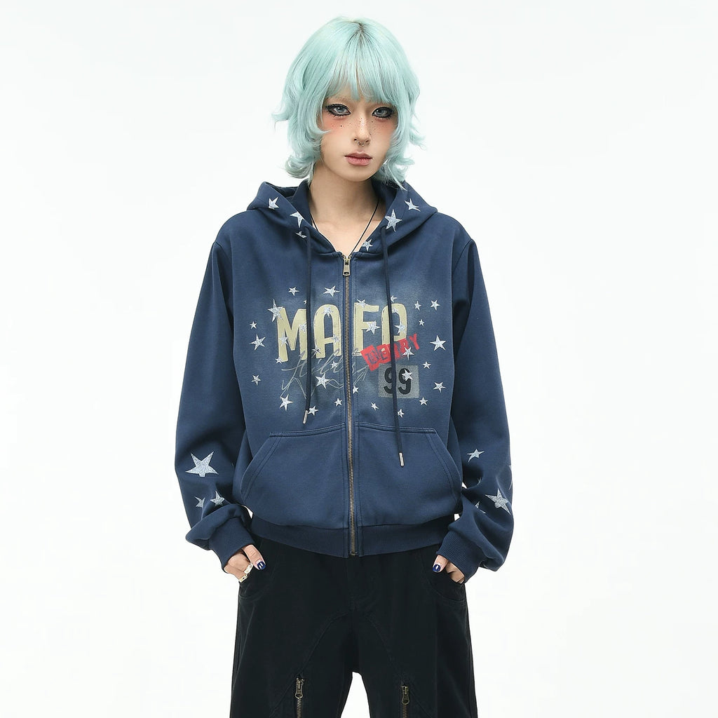 OV original retro star graffiti gradient tie dye hooded sweatshirt for men and women autumn loose short cardigan jacket trendy