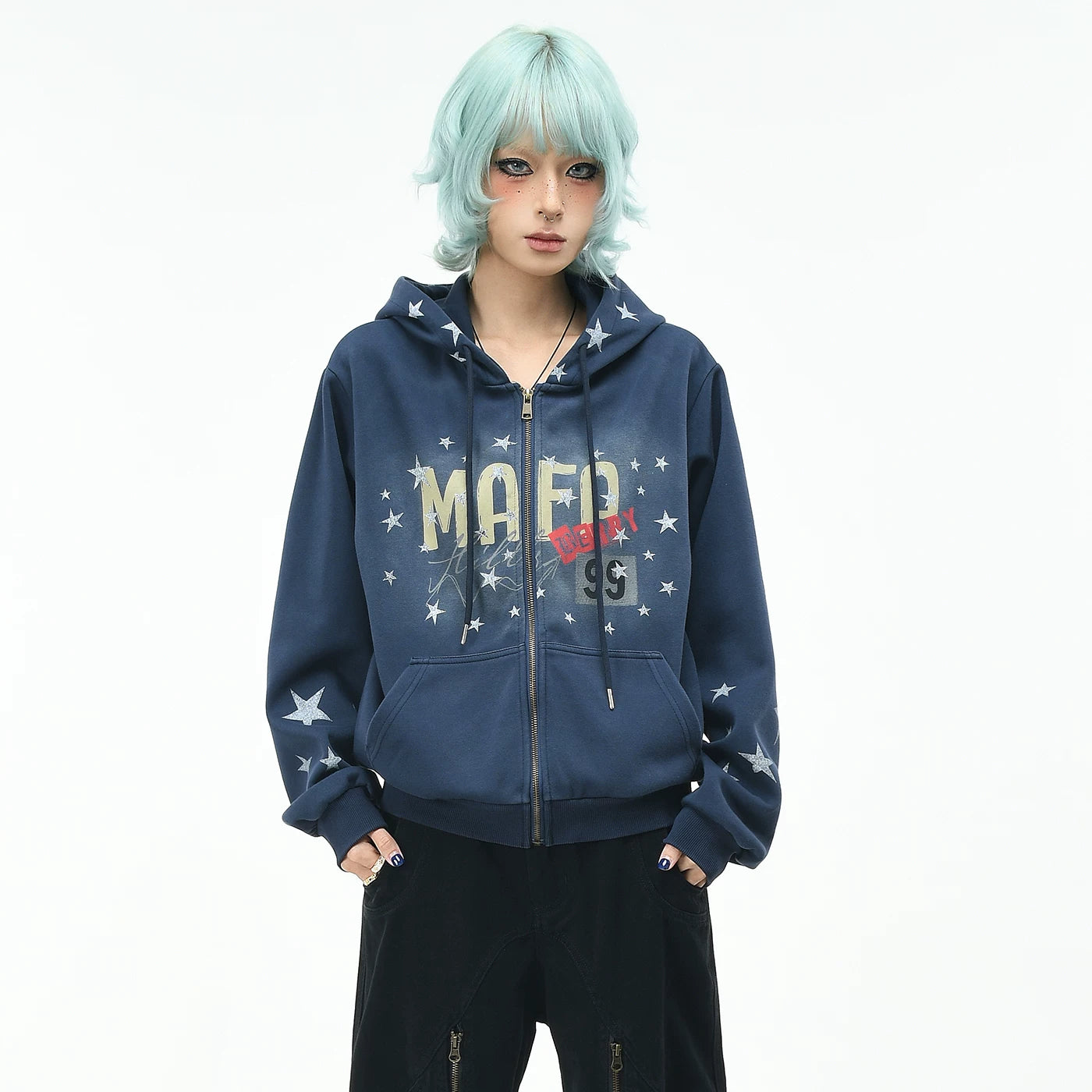 OV original retro star graffiti gradient tie dye hooded sweatshirt for men and women autumn loose short cardigan jacket trendy