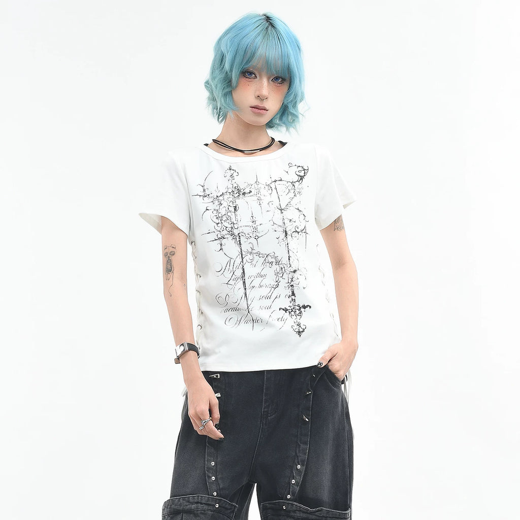 OV original/light Asian style graffiti strap design shoulder short sleeved T-shirt for women's summer slim fit short style spicy girl top trend