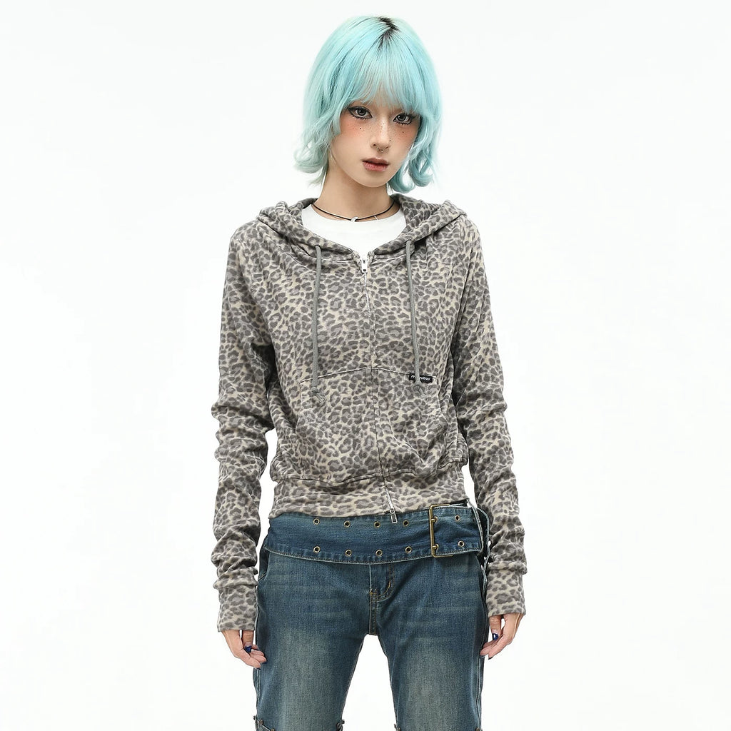 OV original American leopard print short zipper hooded sweatshirt for women in autumn, slim fit and slimming, waist cinching, spicy girl cardigan jacket