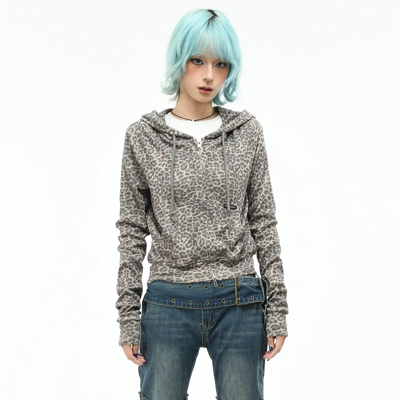 OV original American leopard print short zipper hooded sweatshirt for women in autumn, slim fit and slimming, waist cinching, spicy girl cardigan jacket