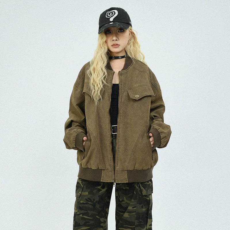 OV original autumn high street retro vintage workwear, baseball jacket, men's and women's American fashion brand loose standing collar jacket