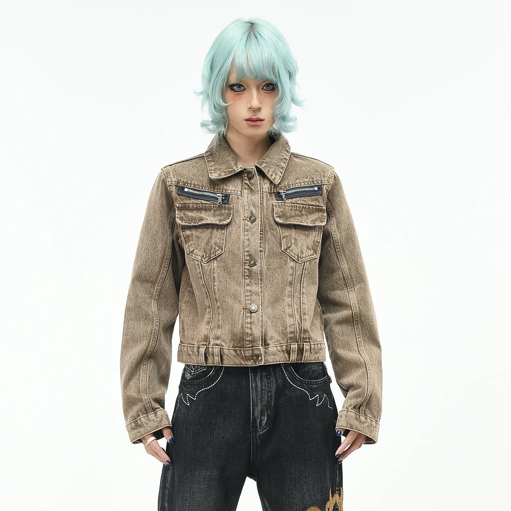 OV original American retro multi pocket workwear denim jacket for women, autumn slim fit short style, vintage lapel jacket trend