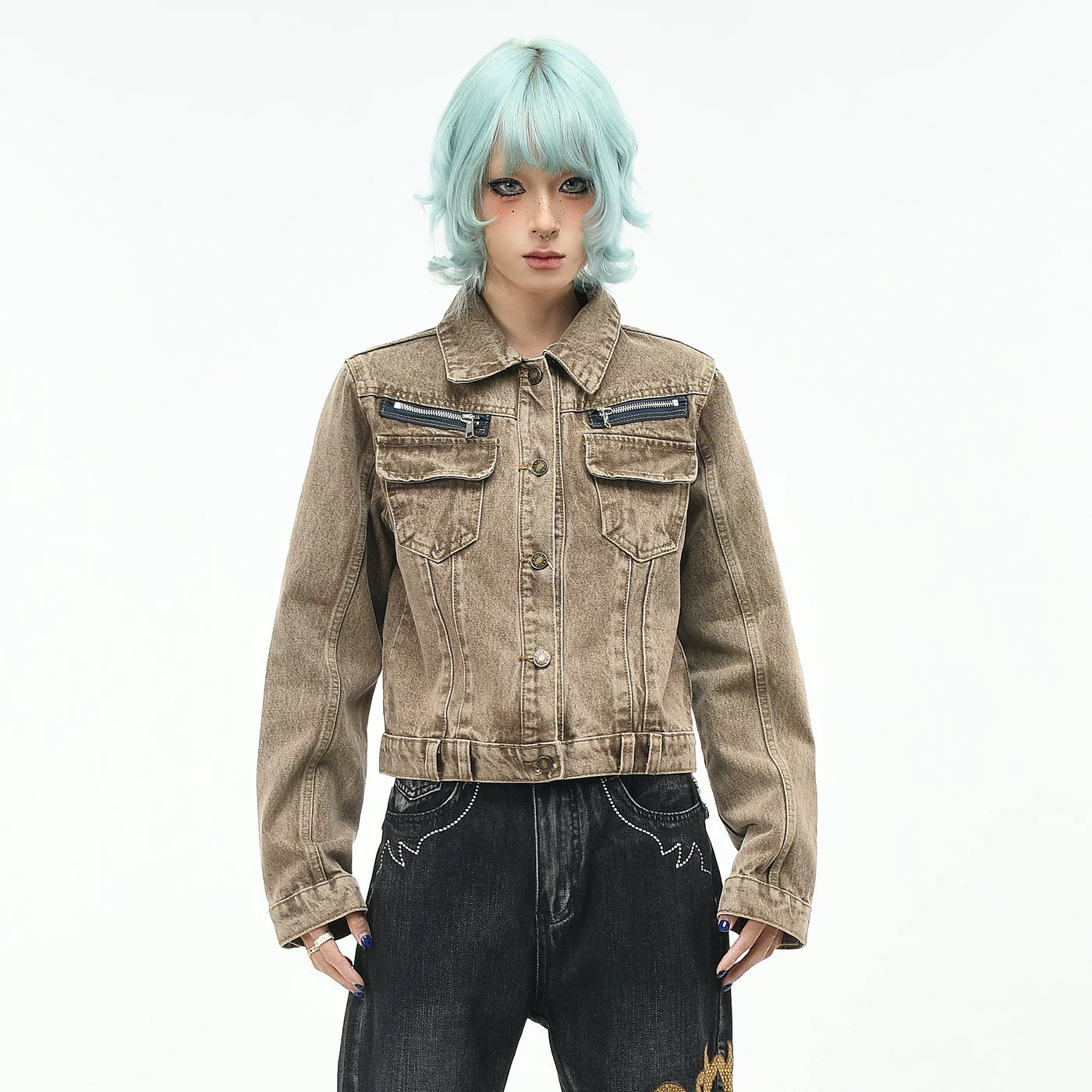 OV original American retro multi pocket workwear denim jacket for women, autumn slim fit short style, vintage lapel jacket trend