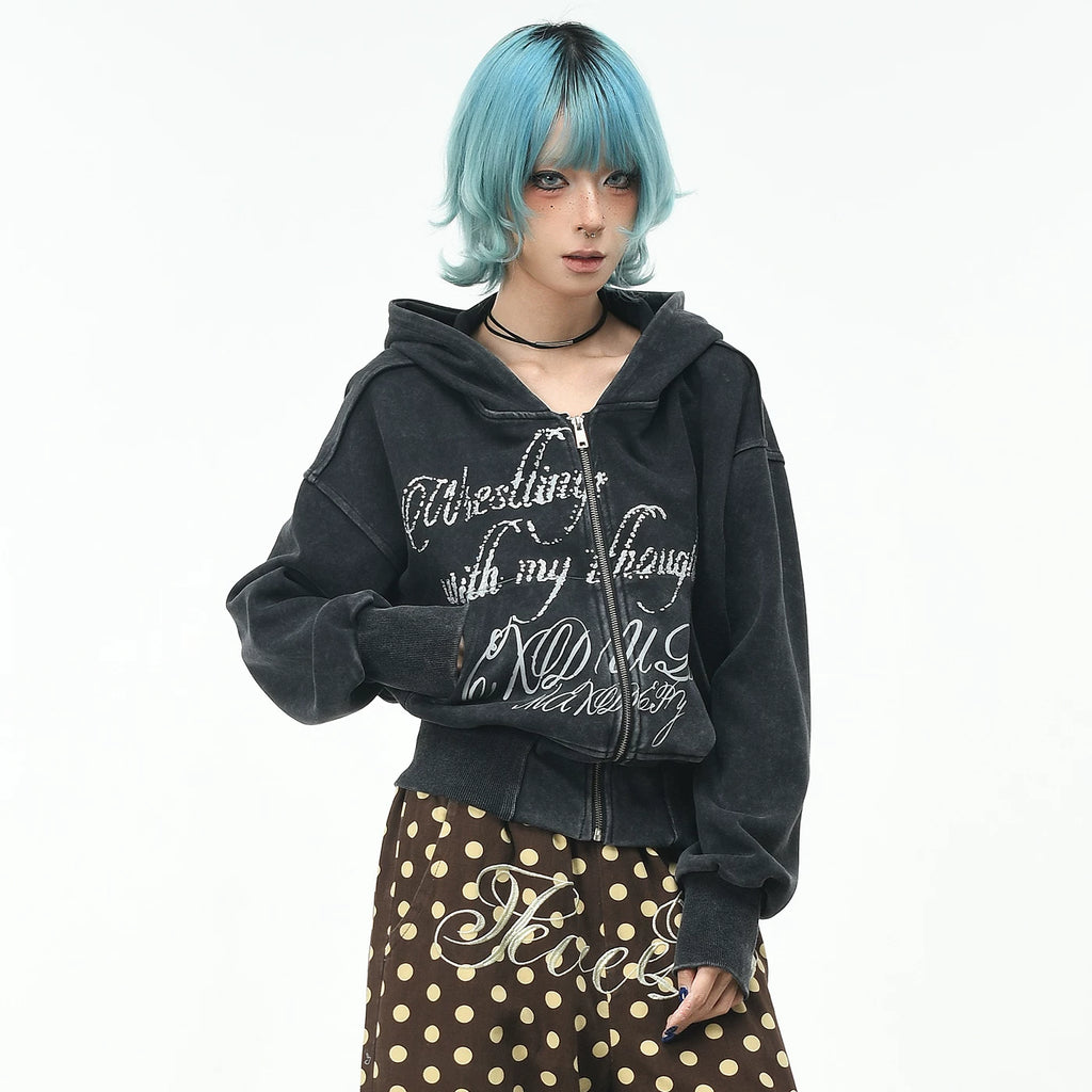 OV Original Retro Hot Diamond Widening Thread Waist Hoodie Women's Autumn Loose Short cardigan Show Thin Coat