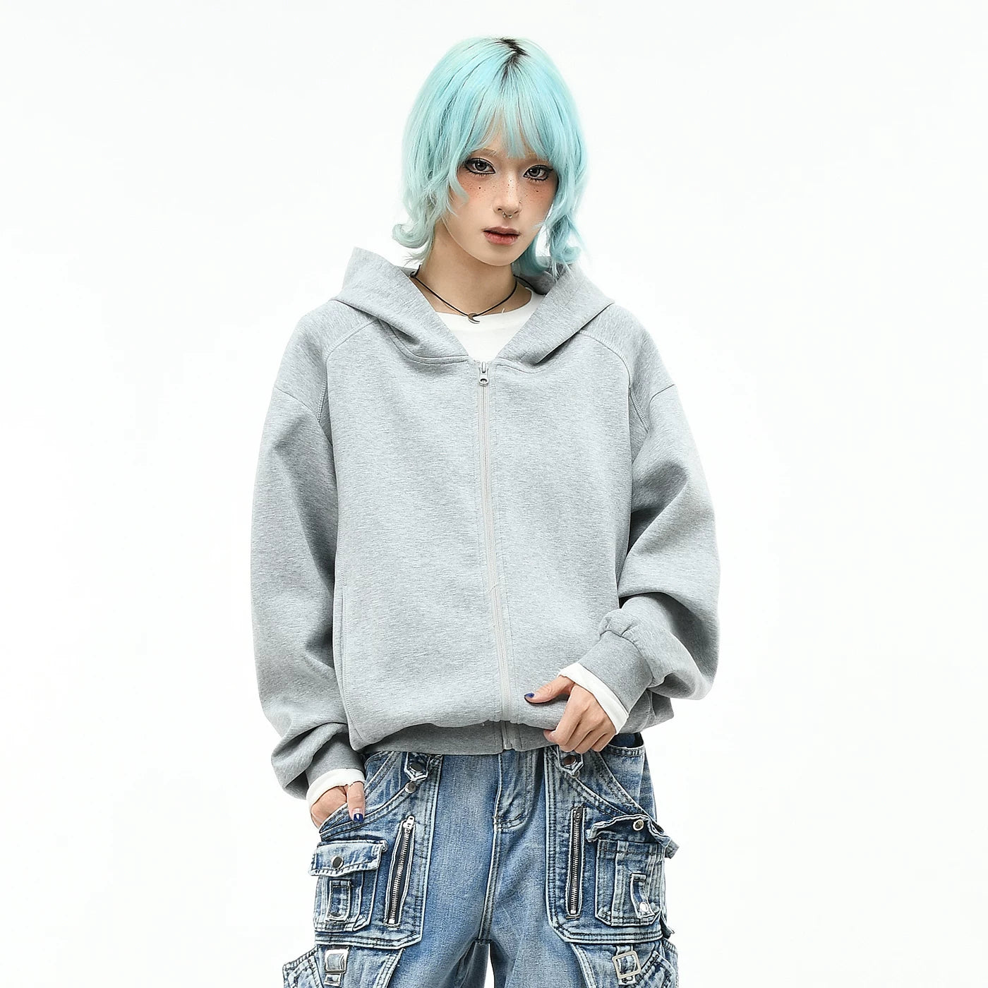 OV original American minimalist style solid color hooded sweatshirt for men and women autumn loose short zipper cardigan casual jacket