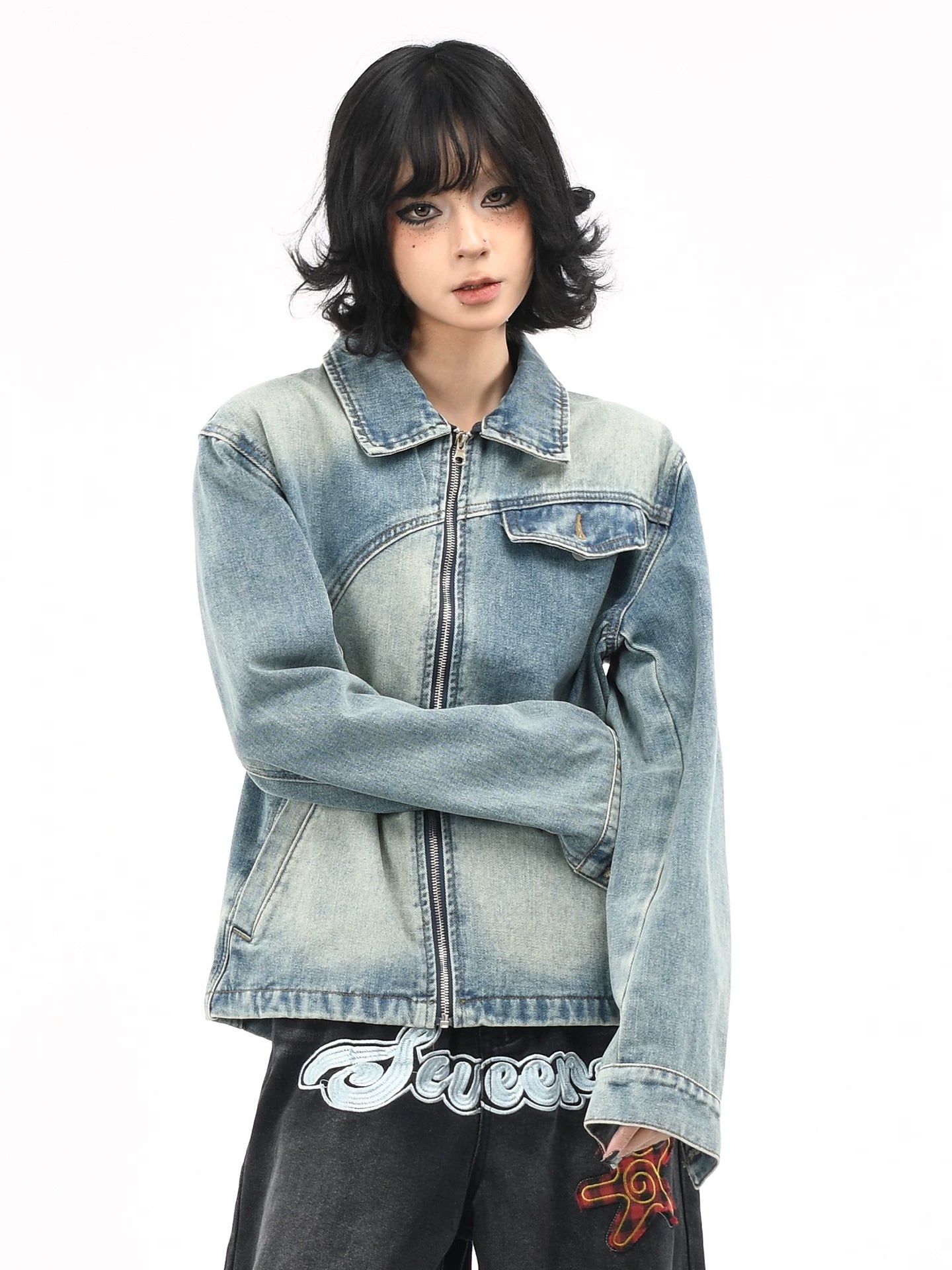 OV original American deconstruction splicing washed denim jacket for women's autumn street loose casual short jacket