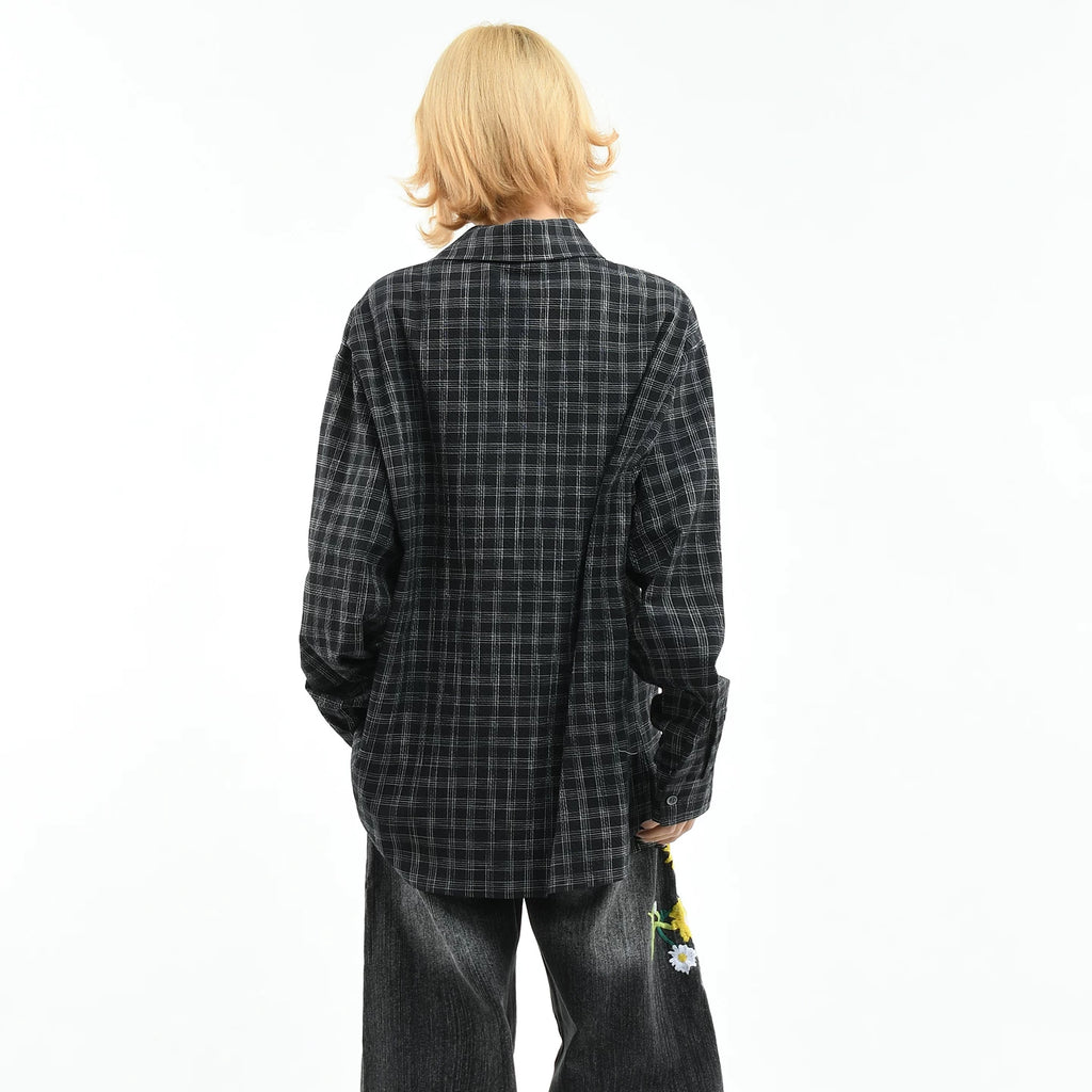 OV original American retro black checkered long sleeved shirt for women in spring, loose and high-end casual versatile shirt for men