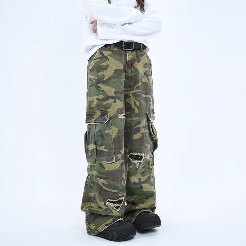 OV original American retro camouflage worn out design, vintage work pants for men and women, loose straight leg large pocket long pants