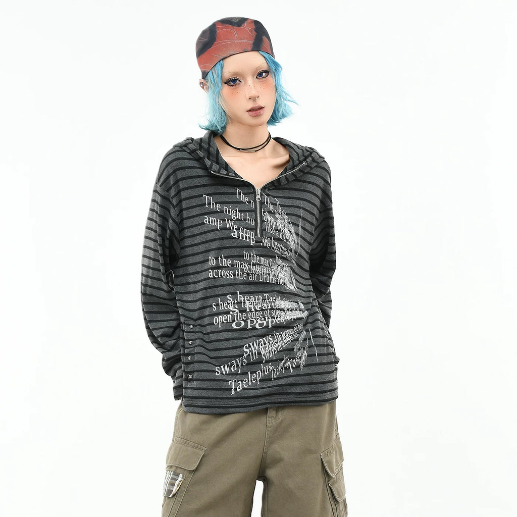 OV original/light punk style rivet stripe hooded long sleeved T-shirt for men and women in autumn loose half zip top trend