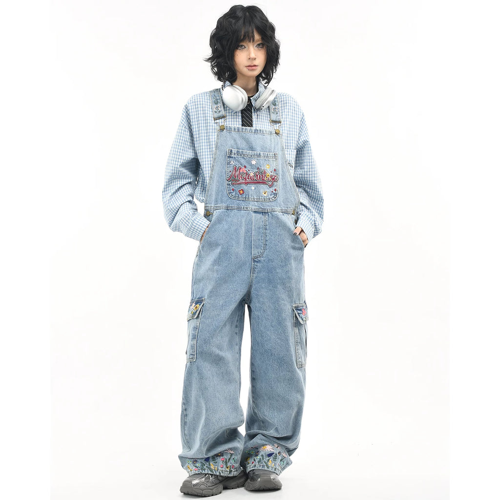OV original American floral embroidery washed denim overalls for women, retro loose wide leg workwear pants for men