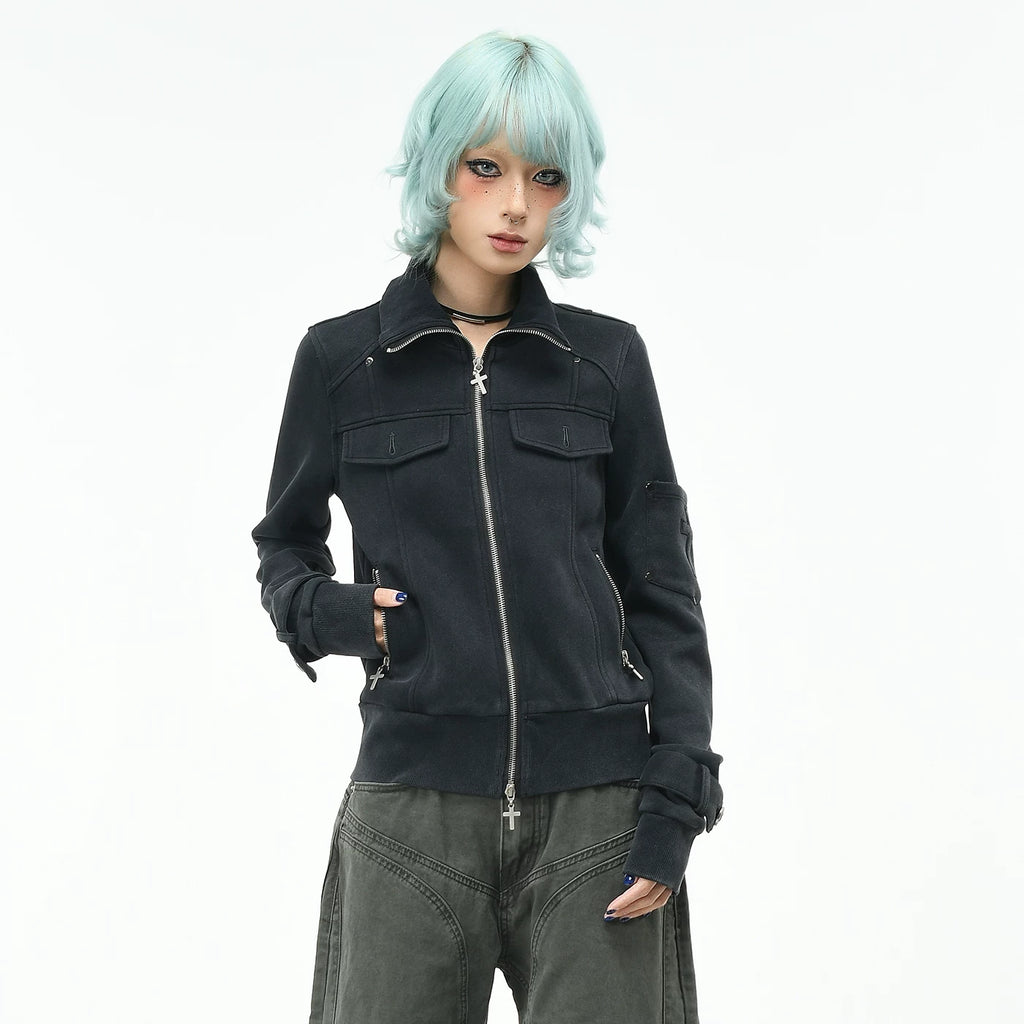 OV original American fashion brand vintage short standing collar jacket for women's autumn slim fit metal buckle zipper cardigan jacket trend