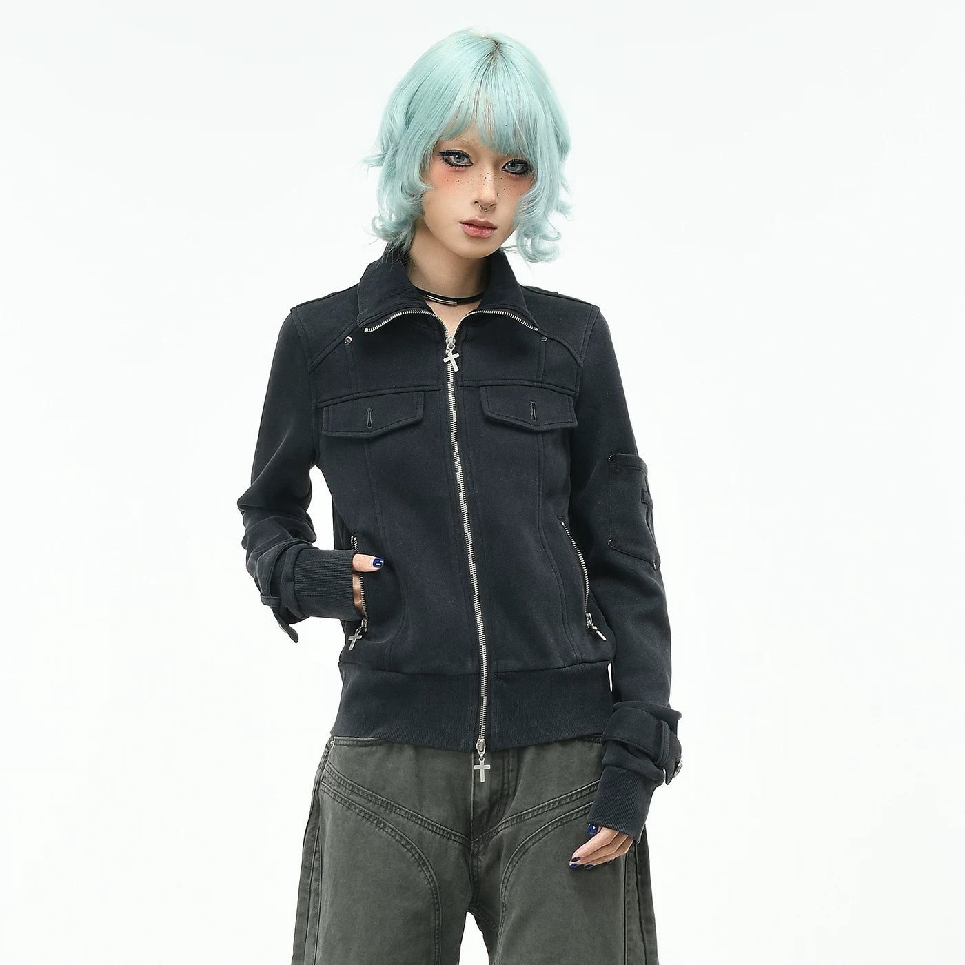 OV original American fashion brand vintage short standing collar jacket for women's autumn slim fit metal buckle zipper cardigan jacket trend