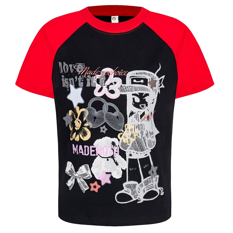 OV original/American fun cartoon printed short sleeved T-shirt for women in summer with raglan sleeves and contrasting color front shoulder short top trend