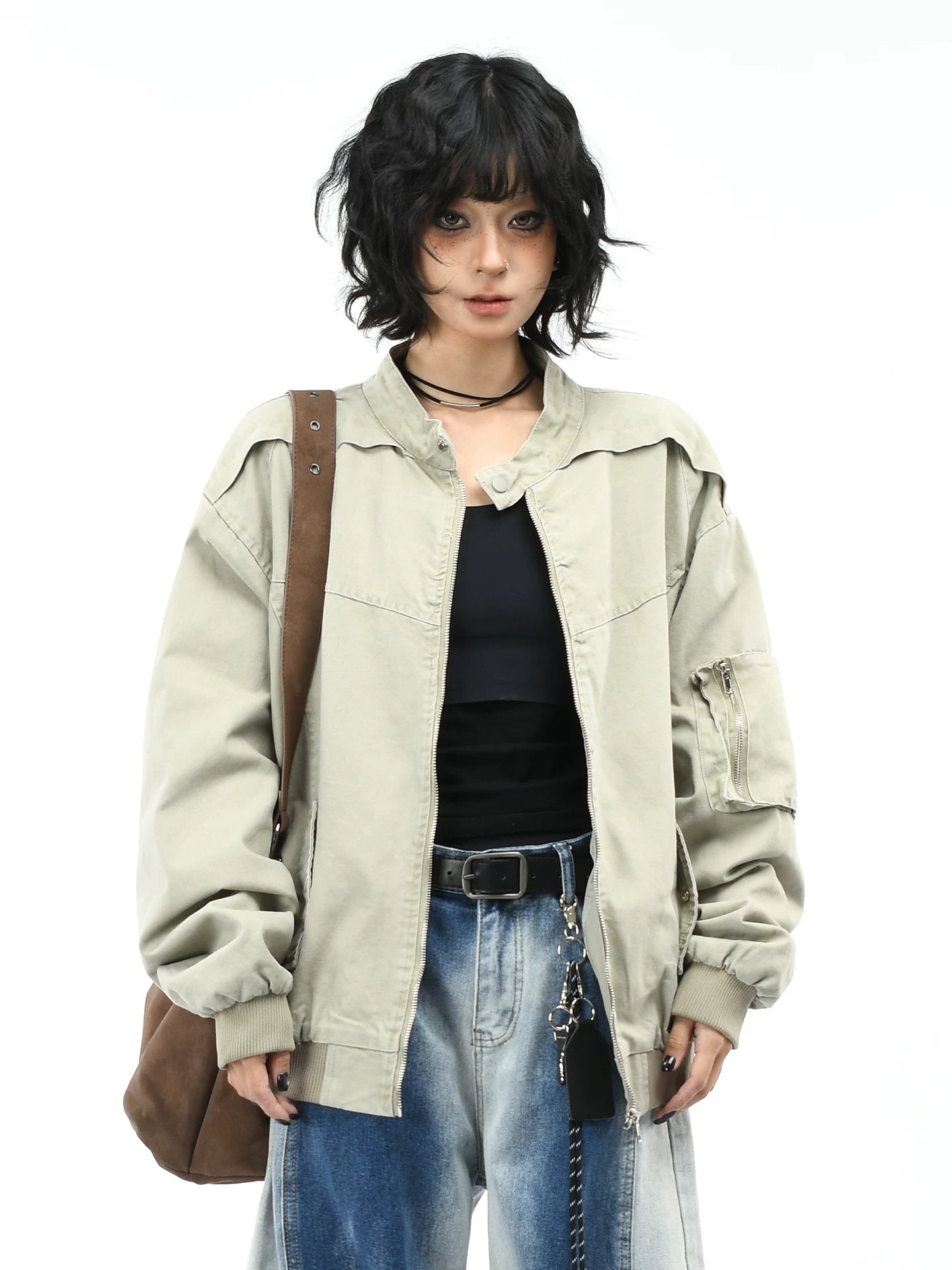 OV original American retro washed distressed stand up collar workwear jacket for men and women, autumn street loose casual jacket trend