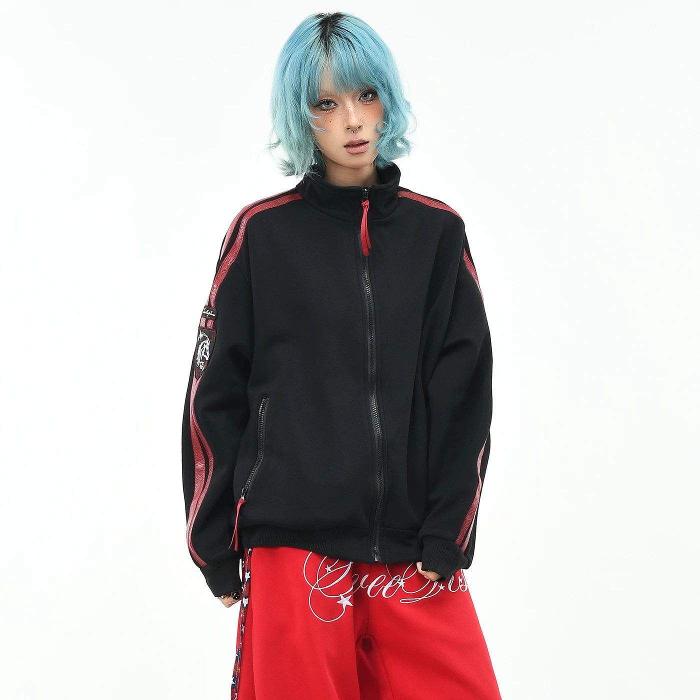 OV Original American Retro Sports Style Stand up Collar Zipper Jacket for Men and Women Autumn Loose Patchwork Embroidered Short Coat