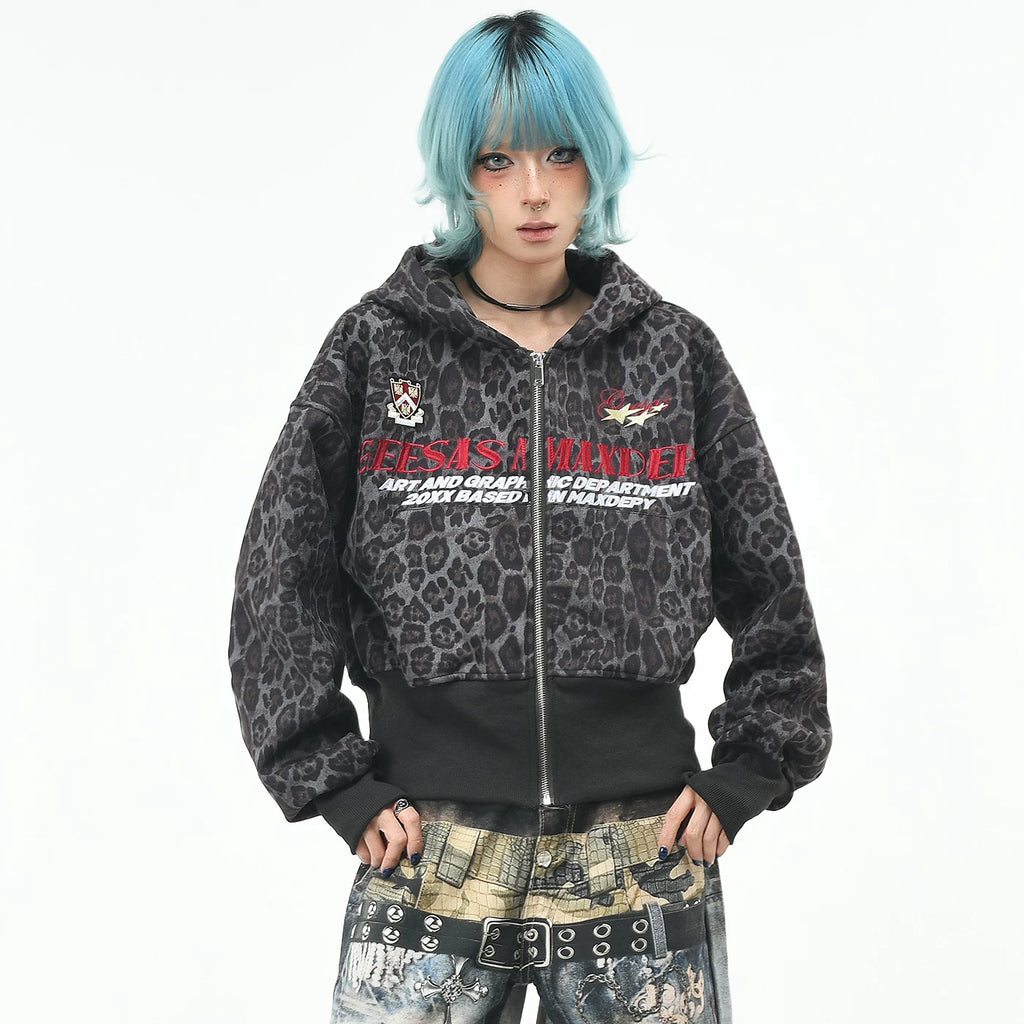 OV original American retro leopard print waist cinched hooded cardigan sweatshirt women's autumn loose zipper short style slimming jacket