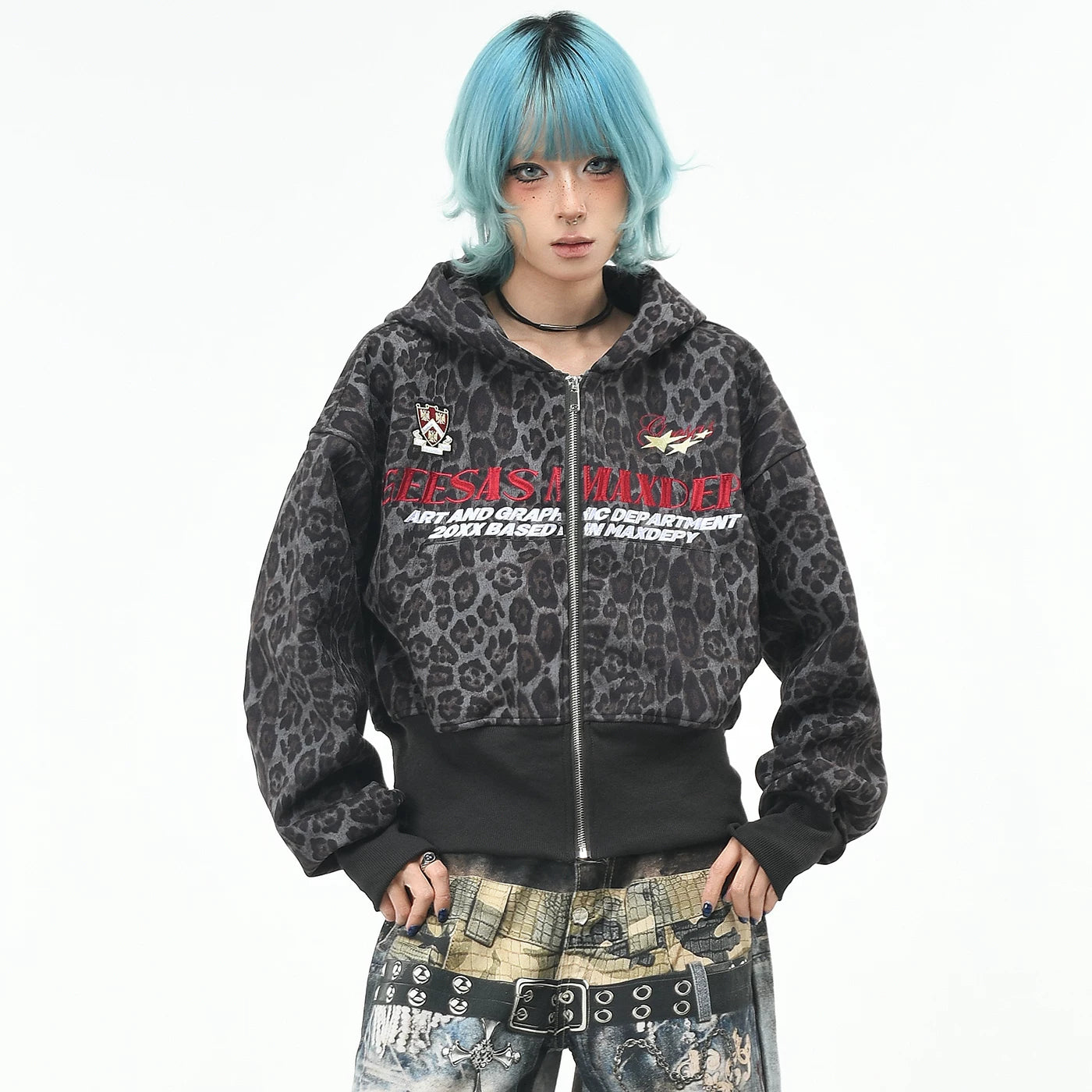 OV original American retro leopard print waist cinched hooded cardigan sweatshirt women's autumn loose zipper short style slimming jacket
