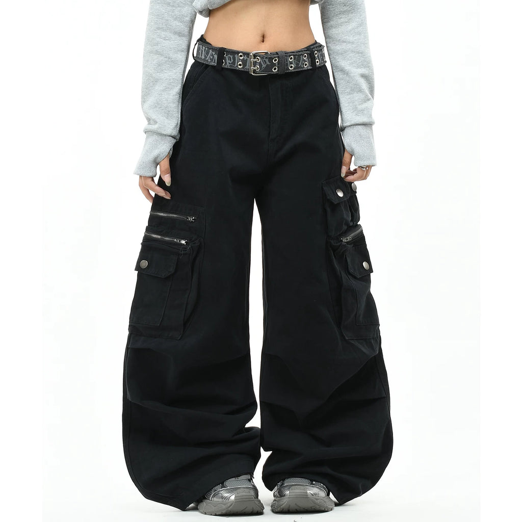 OV original American high street zipper multi pocket washed work pants for men and women, loose straight leg pleated casual pants, trendy