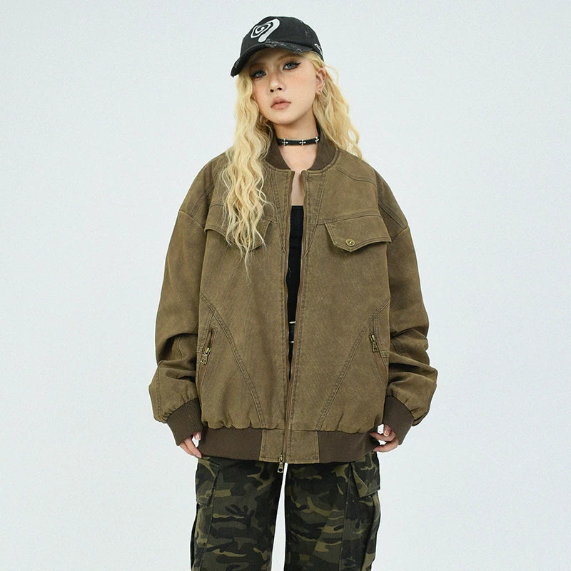 OV original autumn high street retro vintage workwear, baseball jacket, men's and women's American fashion brand loose standing collar jacket