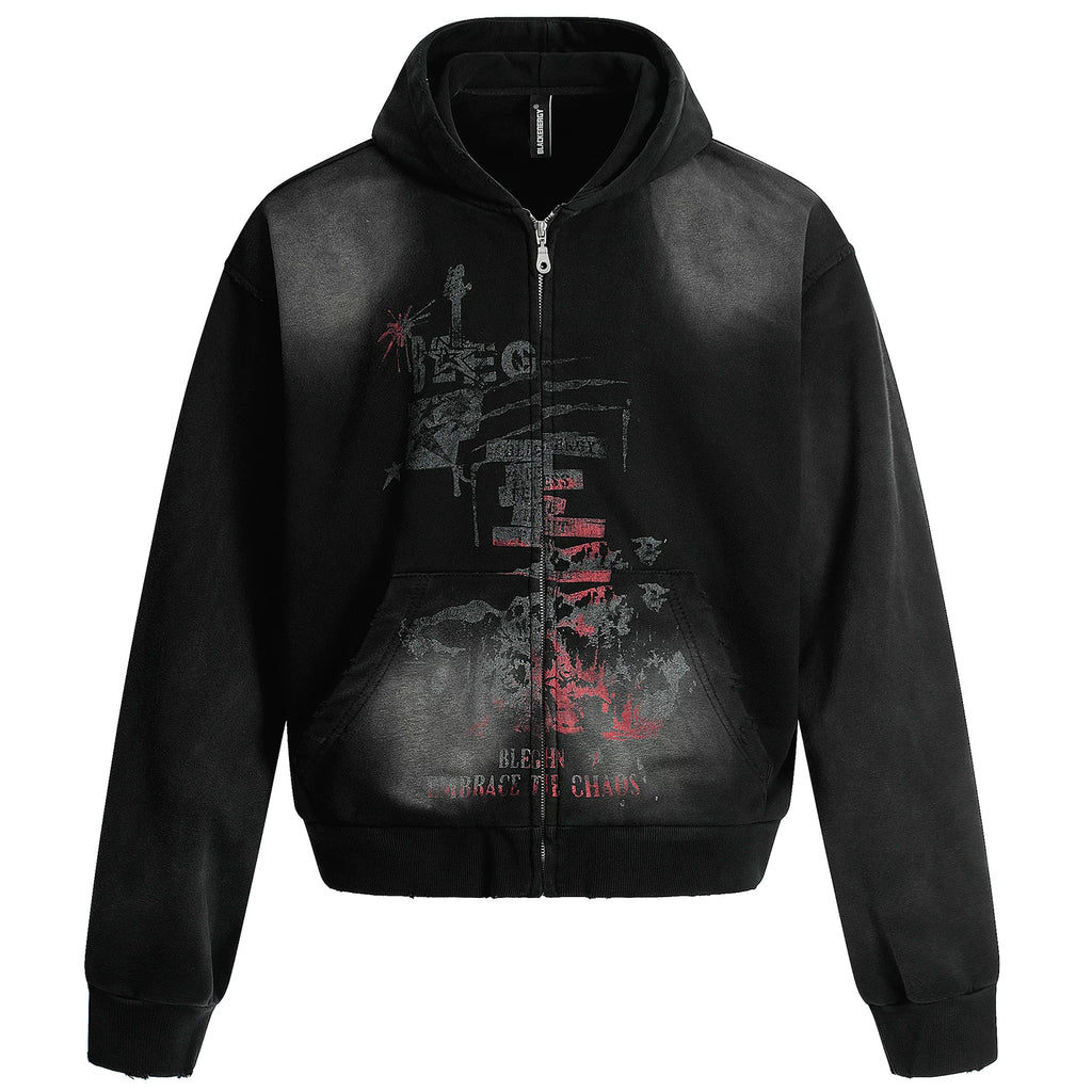 OV original American retro vintage washed zipper hooded sweatshirt women's autumn loose cardigan jacket men's boyfriend trendy brand