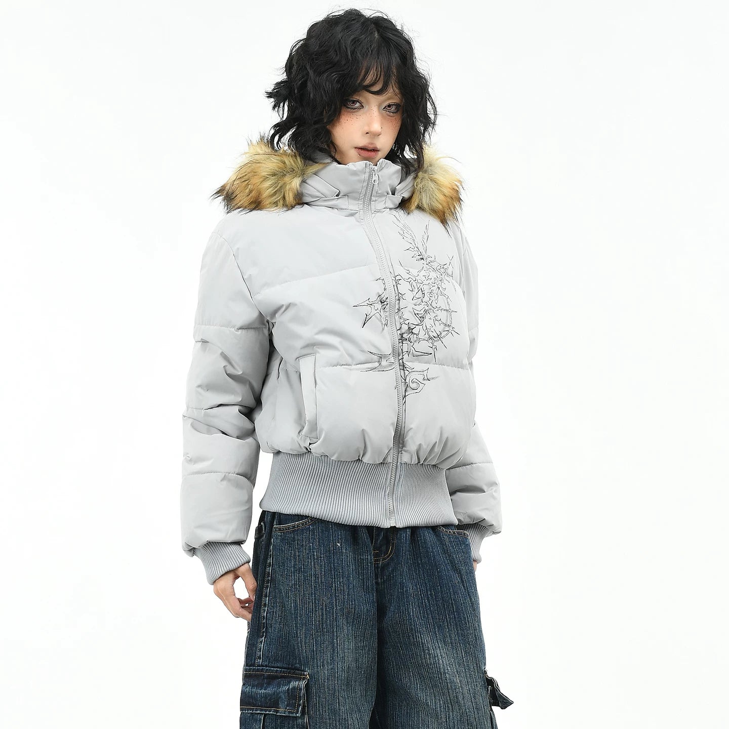 OV original American style fur collar, detachable waist, hood, cotton jacket, women's winter short style, slim and warm, cotton jacket, trendy