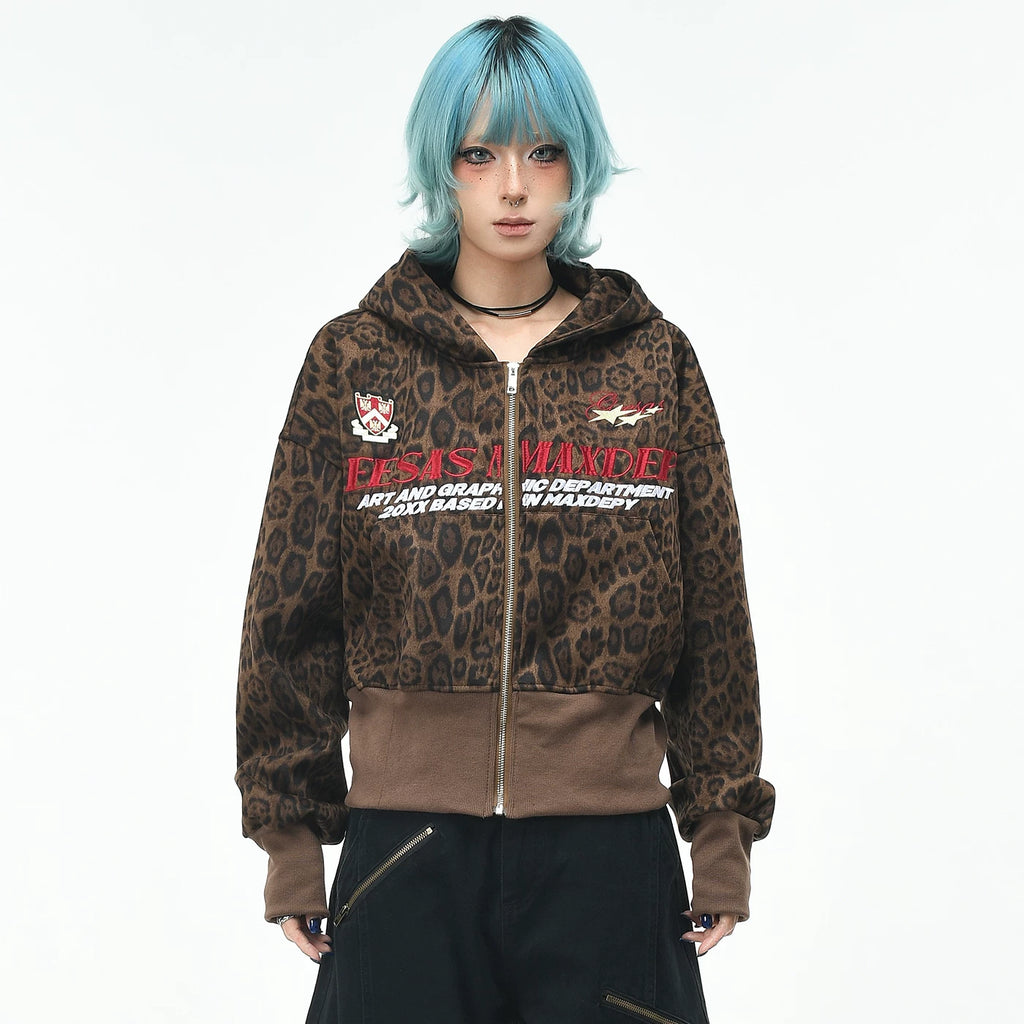 OV original American retro leopard print waist cinched hooded cardigan sweatshirt women's autumn loose zipper short style slimming jacket