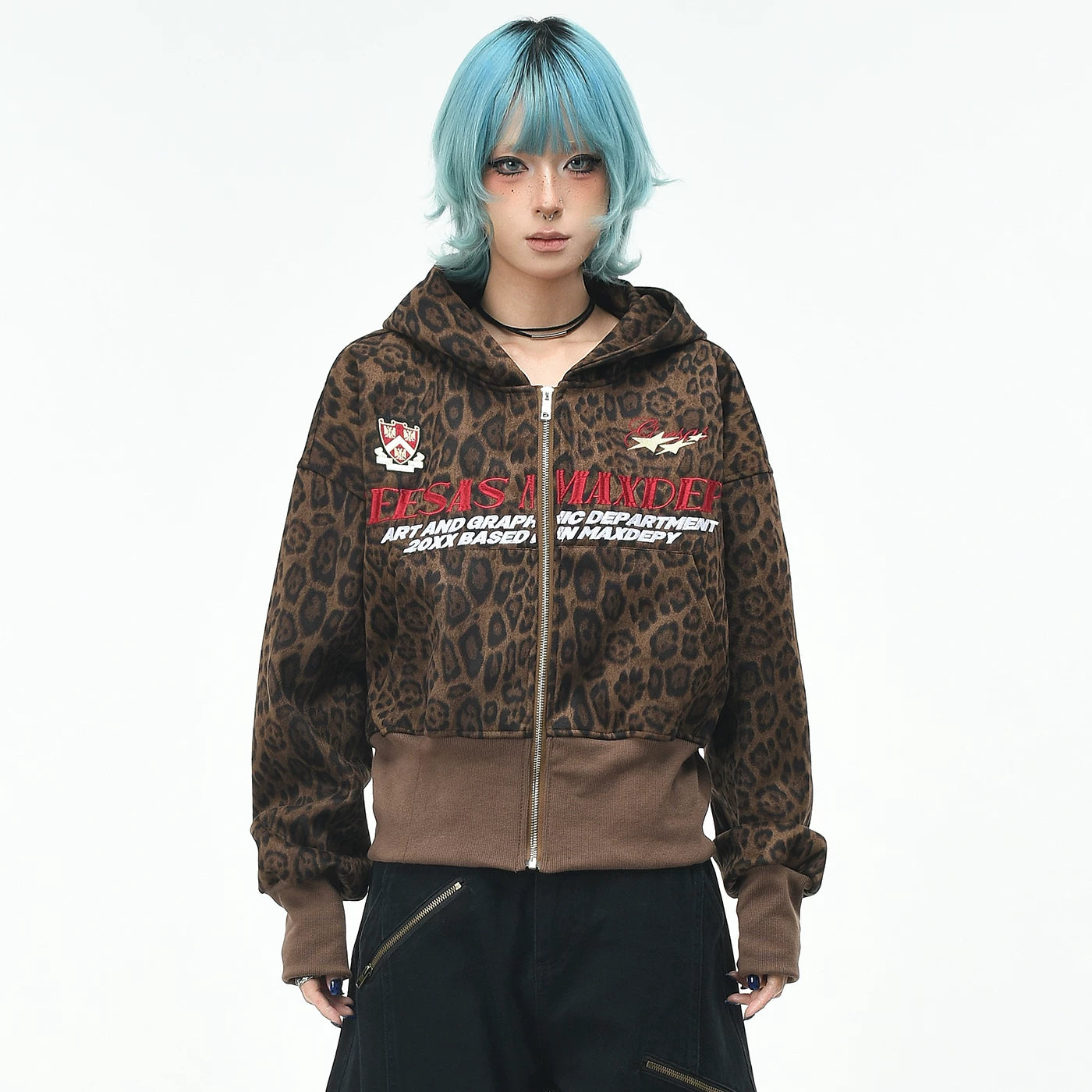 OV original American retro leopard print waist cinched hooded cardigan sweatshirt women's autumn loose zipper short style slimming jacket