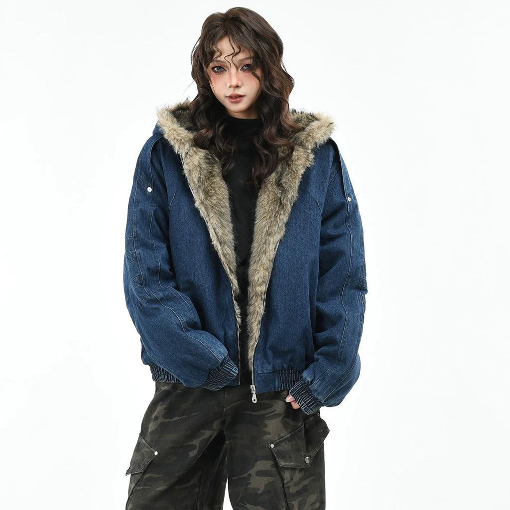 OV original American retro silhouette washed denim cotton jacket for women, winter seat mountain carving thick hooded cotton jacket for men