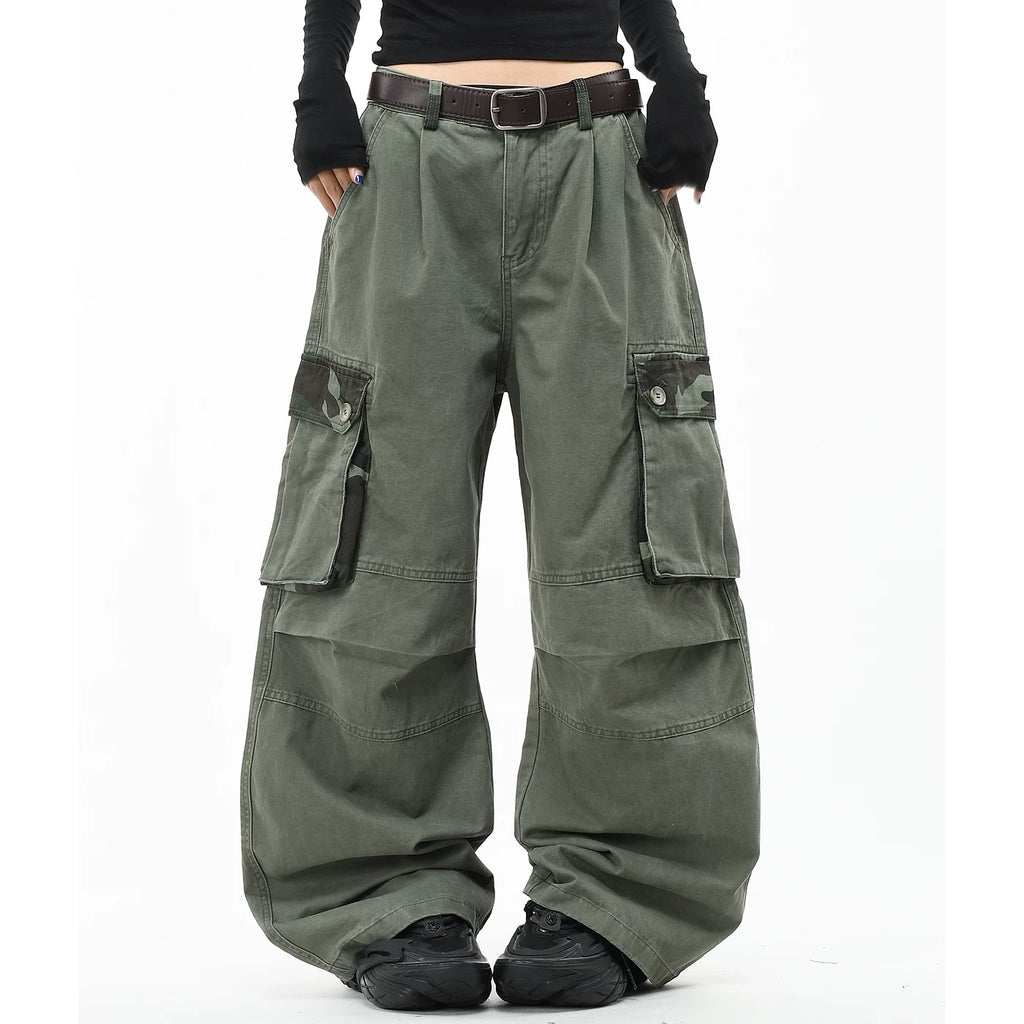 OV original American camouflage patchwork vintage washed casual pants for men and women, loose wide leg multi pocket pleated work pants