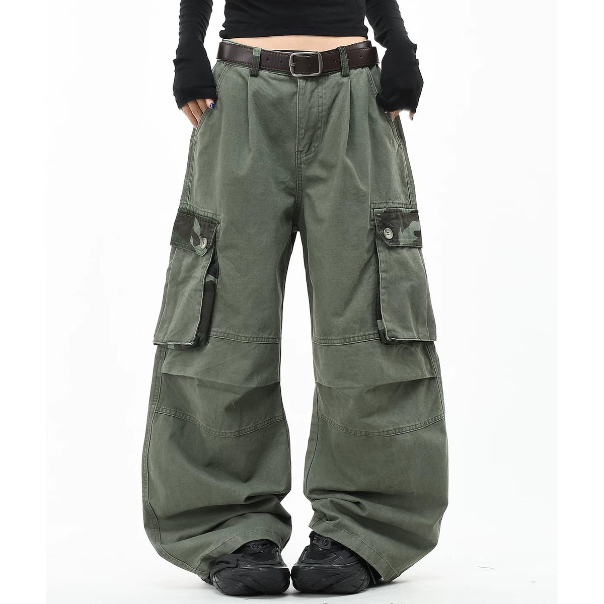 OV original American camouflage patchwork vintage washed casual pants for men and women, loose wide leg multi pocket pleated work pants