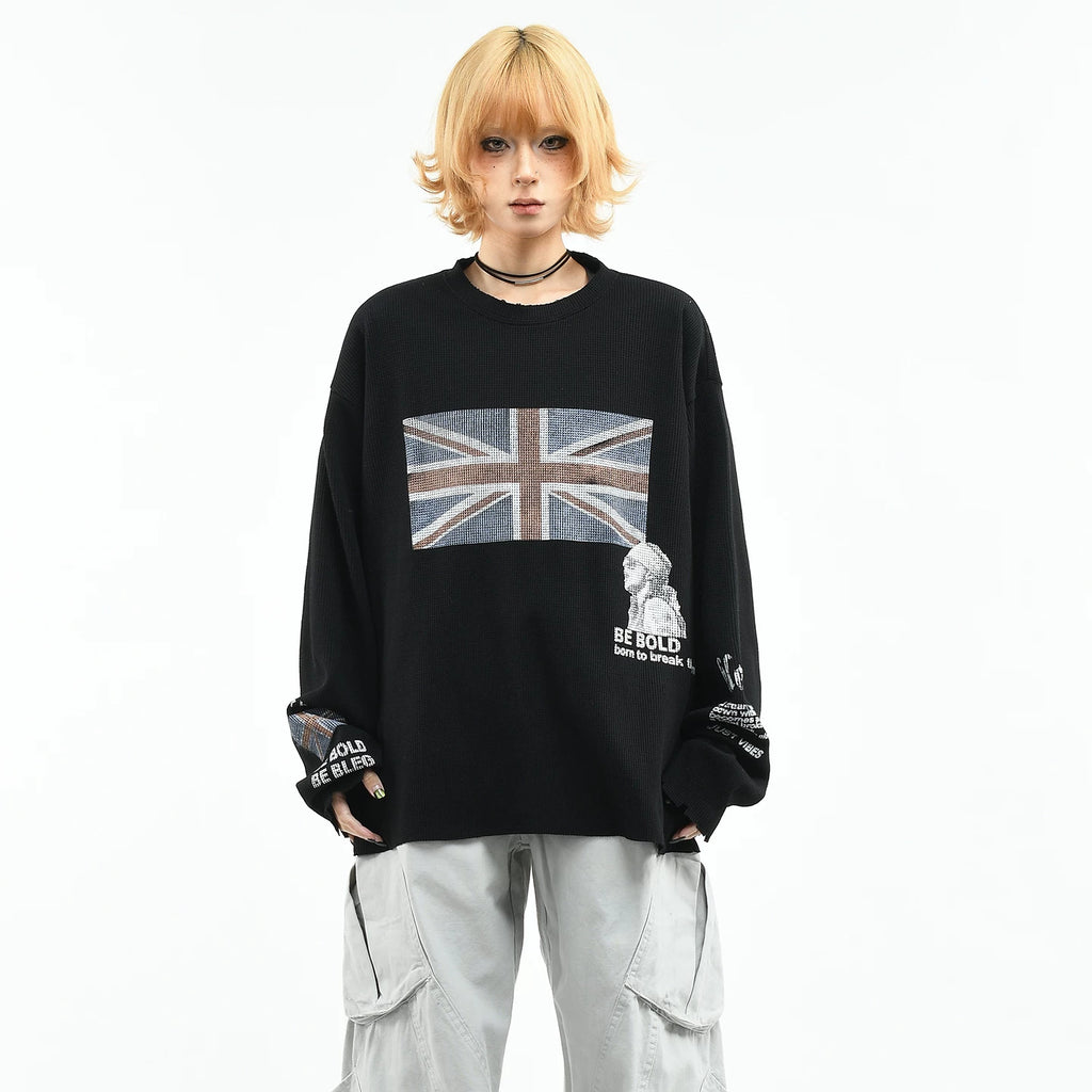 OV original/American subculture vintage washed long sleeved T-shirt for women, spring niche fashion brand loose burr top for men