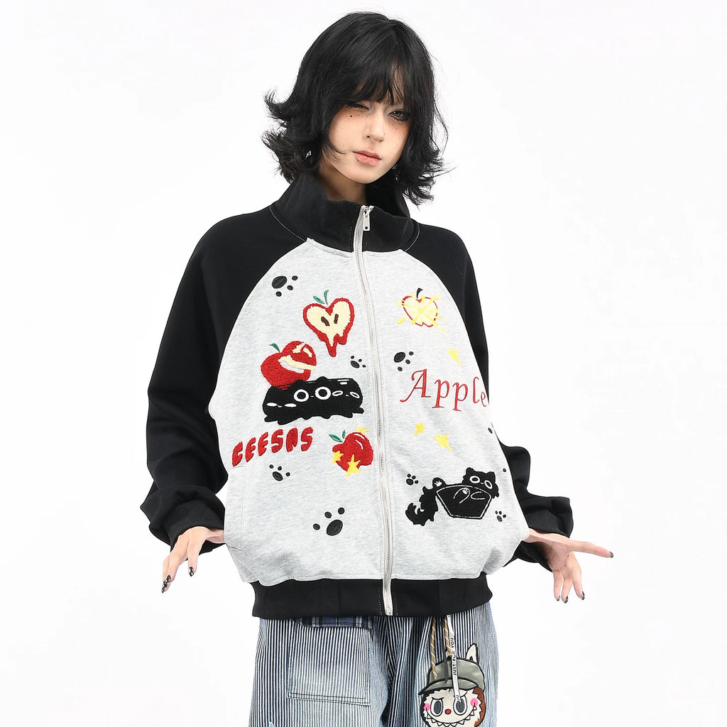 OV Original American Fun Cat Towel Embroidery Cardigan Sweatshirt Men's and Women's Autumn Color Contrasting Loose Casual Coat Trendy