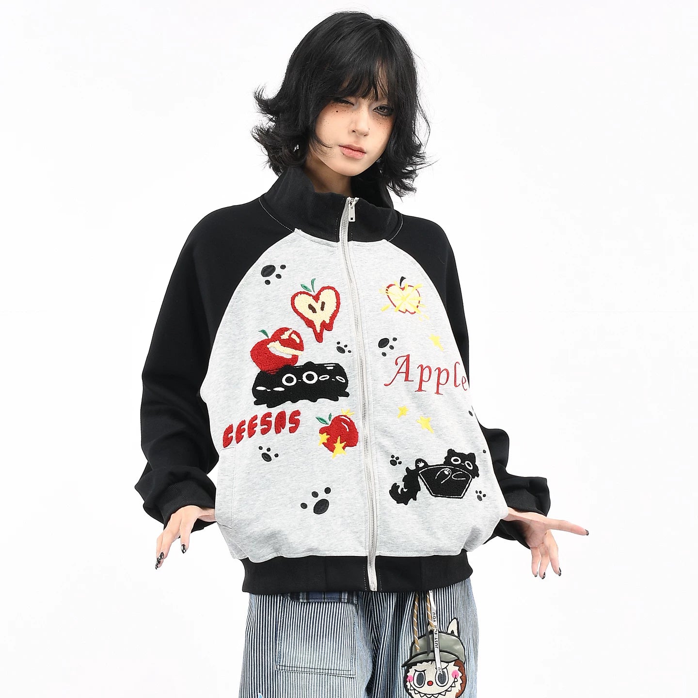 OV Original American Fun Cat Towel Embroidery Cardigan Sweatshirt Men's and Women's Autumn Color Contrasting Loose Casual Coat Trendy