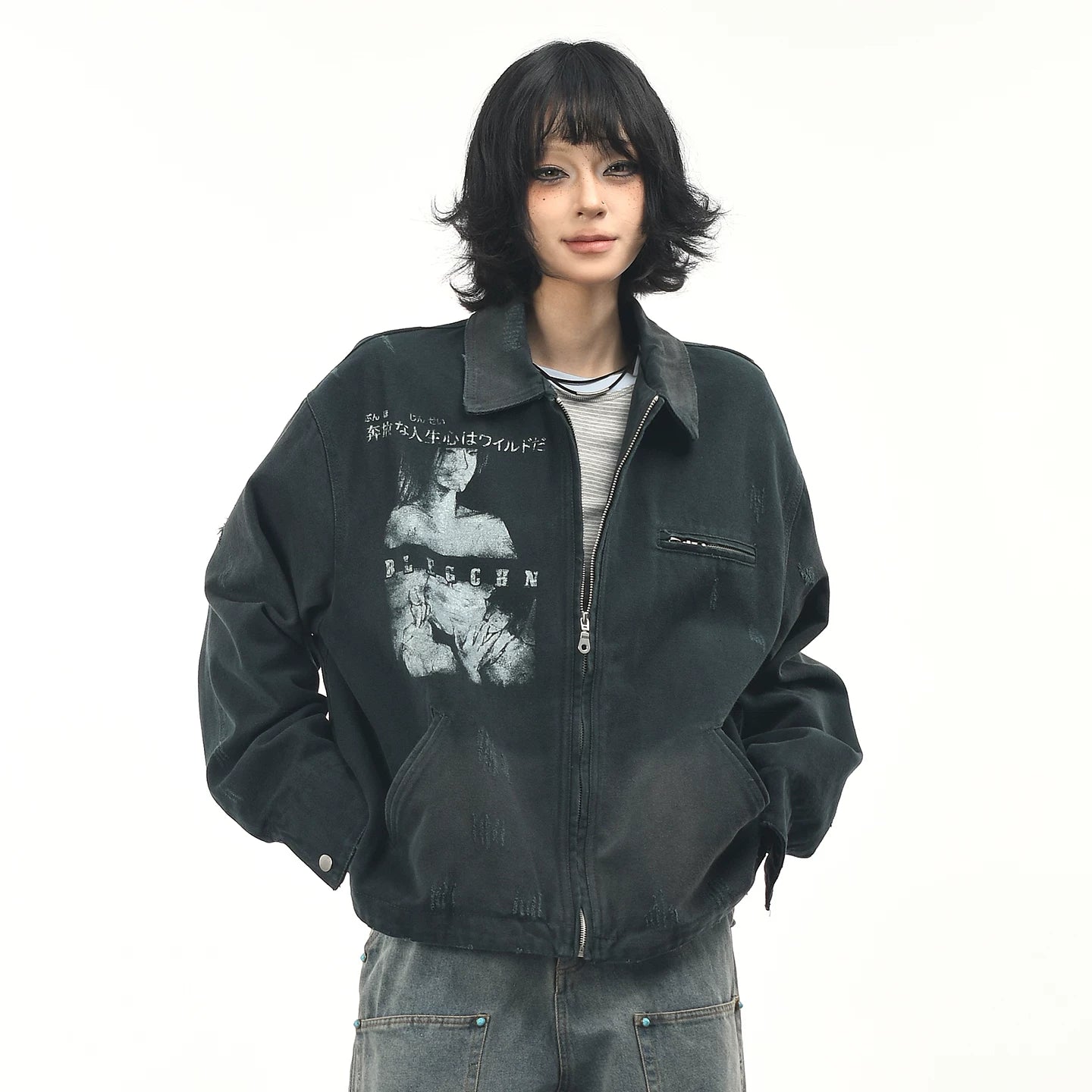 OV original American retro character print distressed washed workwear jacket for men and women in autumn loose collar jacket trend