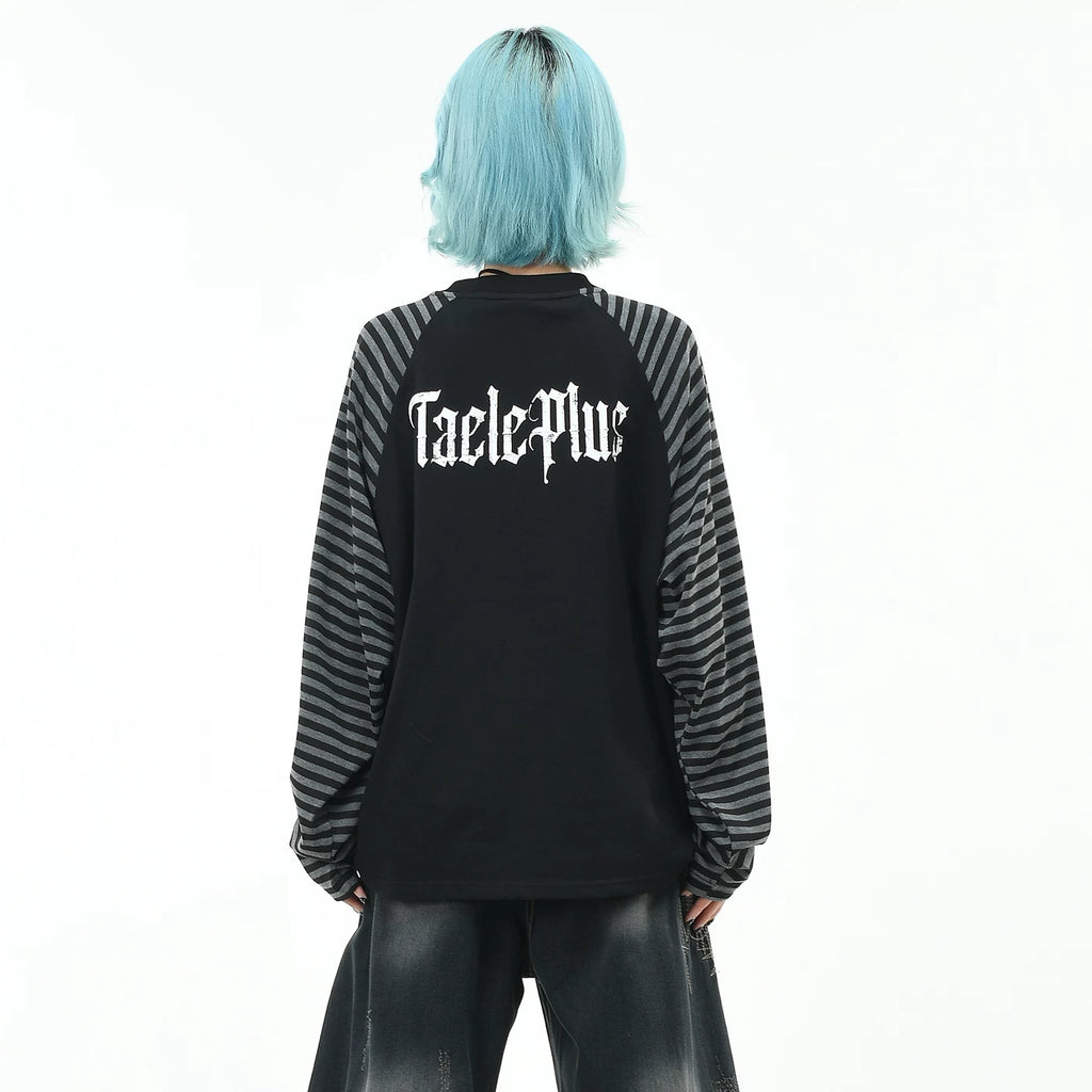 OV original/subculture Gothic style striped contrasting long sleeved T-shirt for men and women in autumn, loose dark raglan top