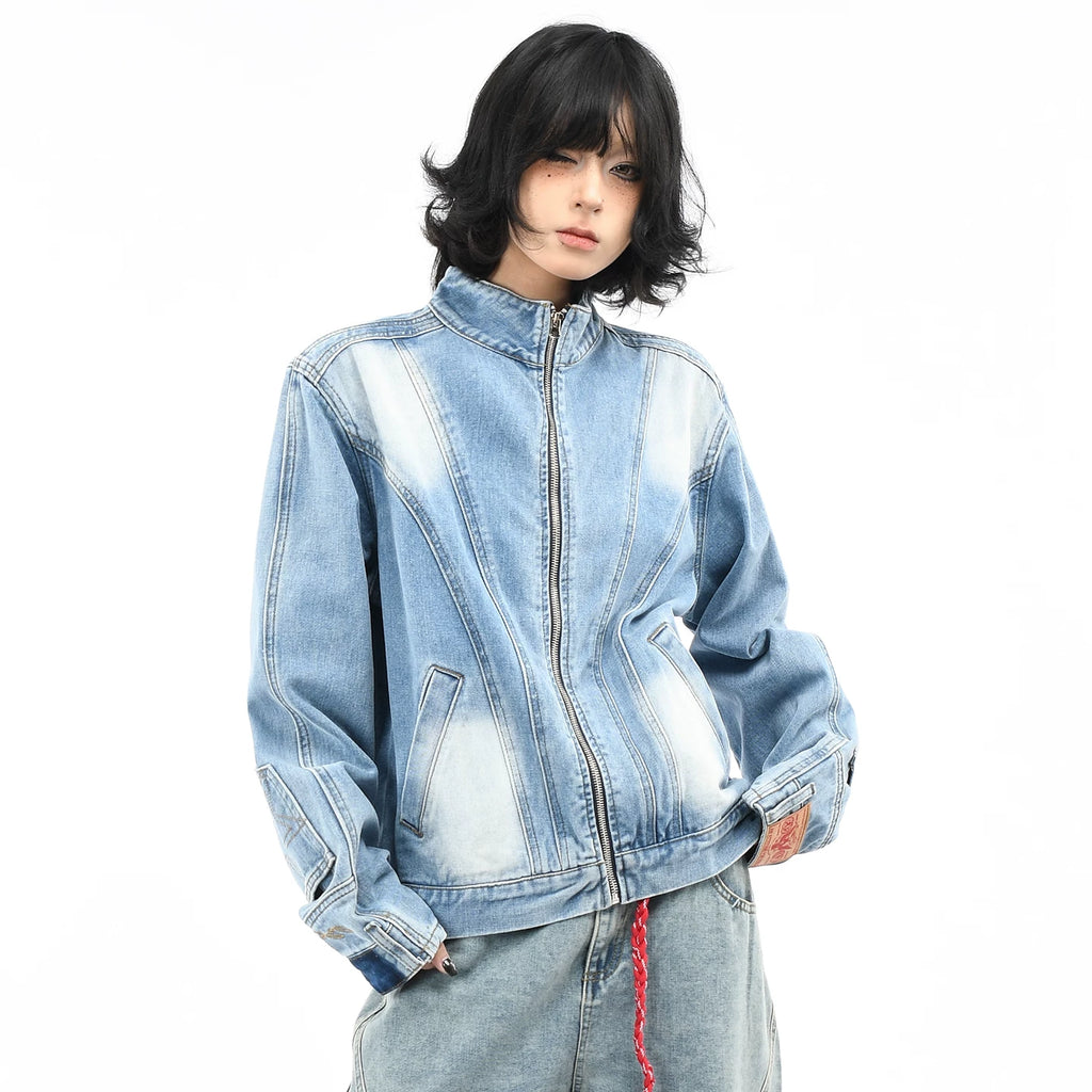 OV Original American Deconstruction Splicing Water Washed Cowboy Jacket for Women's Street Loose Pocket Inverted Design Autumn Jacket