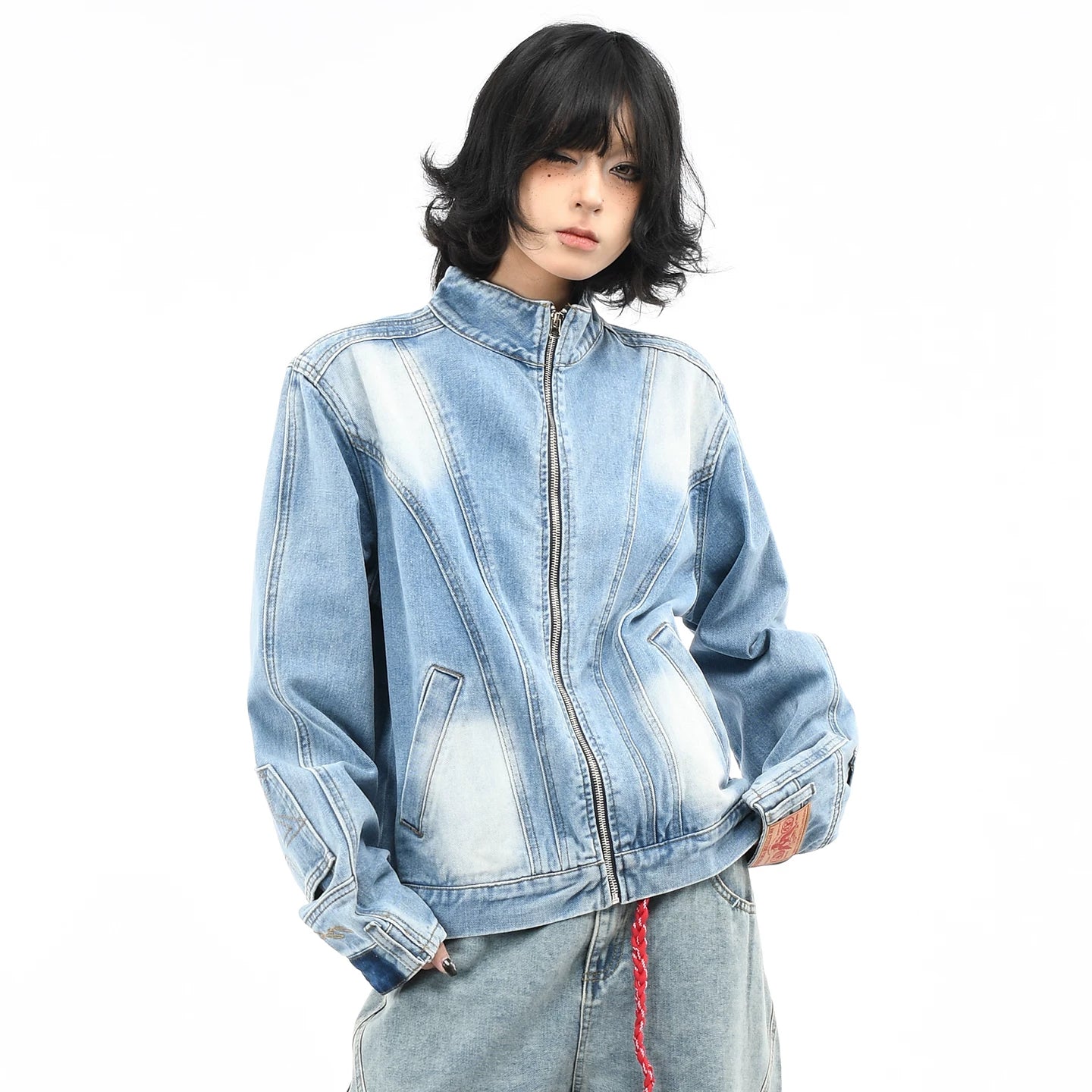 OV Original American Deconstruction Splicing Water Washed Cowboy Jacket for Women's Street Loose Pocket Inverted Design Autumn Jacket