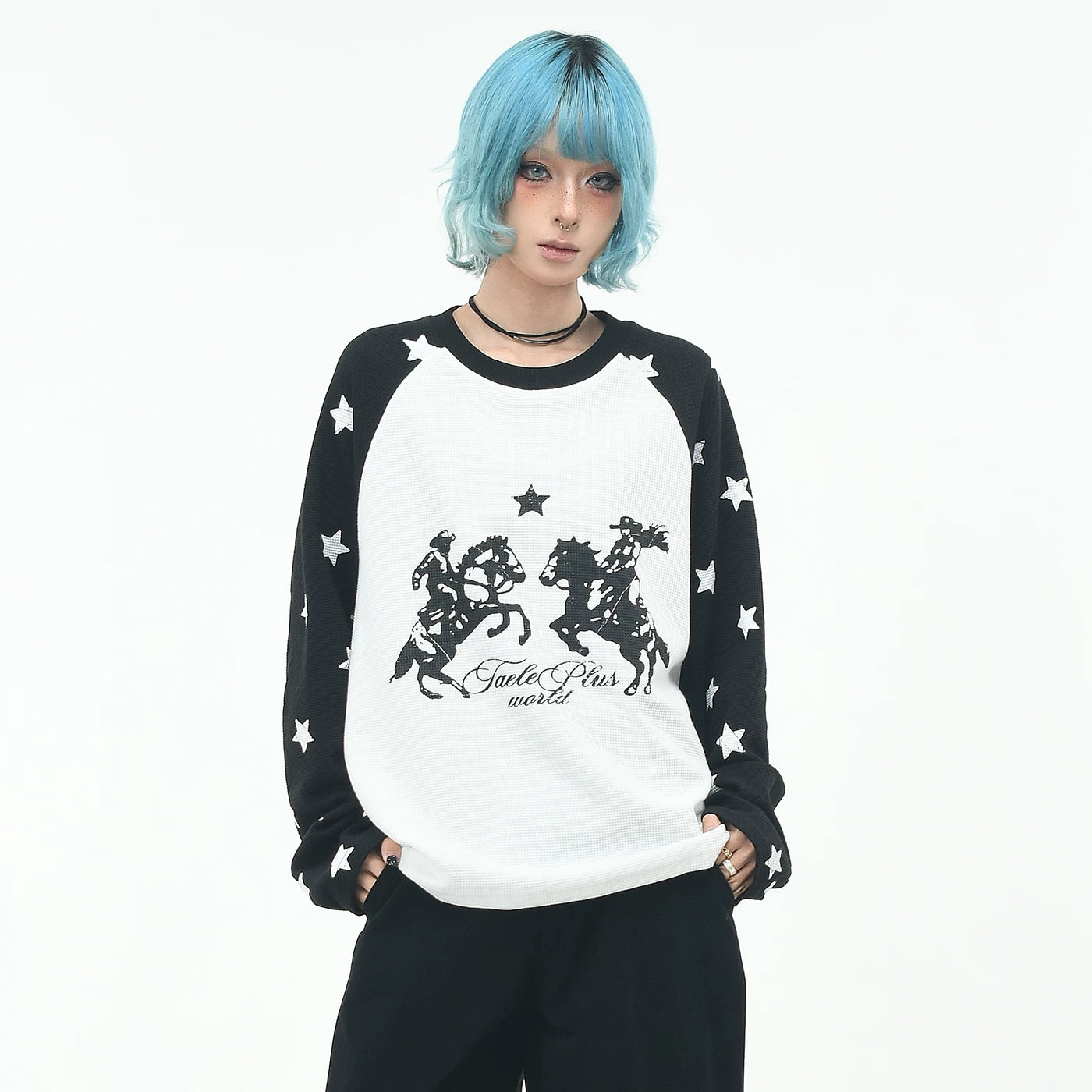 OV Original/Retro Star Full Print Shoulder Sleeve Contrast Long Sleeve T-shirt for Men and Women Autumn Loose Waffle Top Trendy