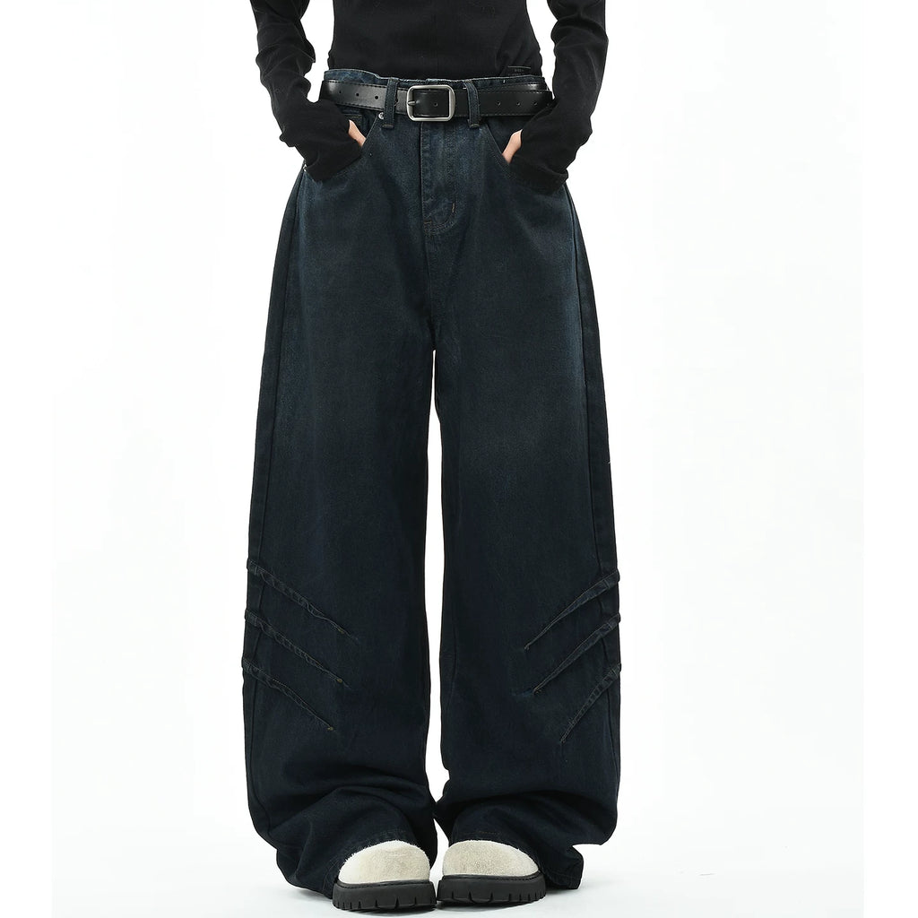 OV original American style dirty dyed distressed folded washed denim jeans for men and women, loose wide leg pants for the streets, men's fashion