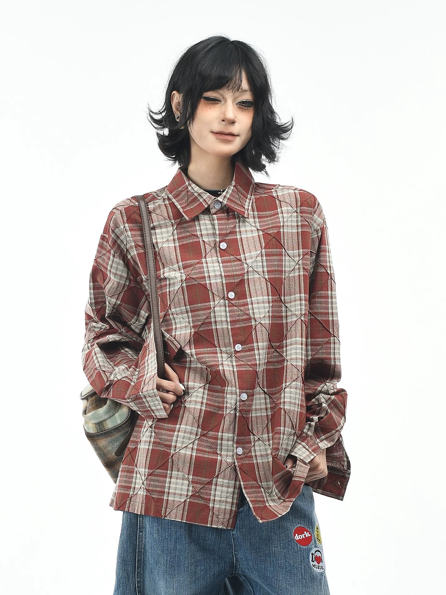 OV原创美式复古红色菱形格纹长袖衬衫男女宽松慵懒设计感休闲衬衣