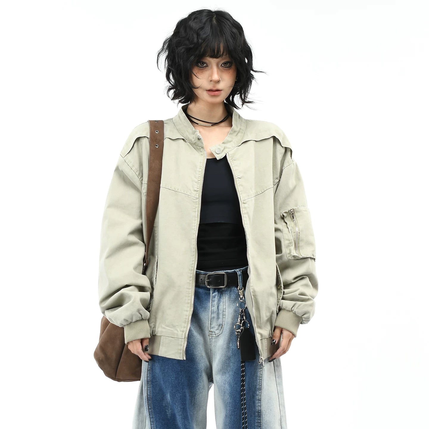 OV original American retro washed distressed stand up collar workwear jacket for men and women, autumn street loose casual jacket trend