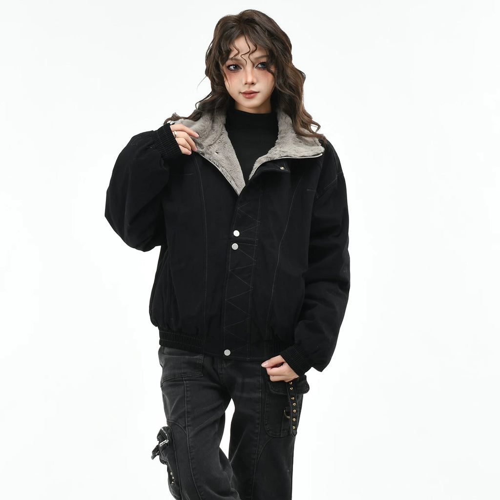 OV Original American Retro Clear Thread Deconstruction Design with Velvet Warm Coat Women's Winter Loose Casual Cotton Coat
