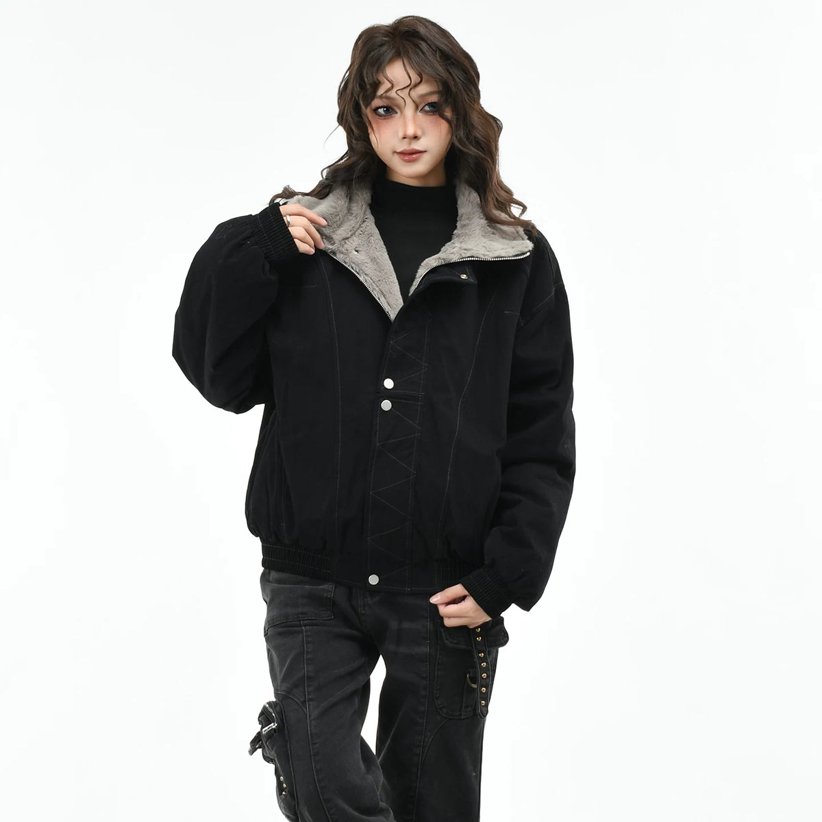 OV Original American Retro Clear Thread Deconstruction Design with Velvet Warm Coat Women's Winter Loose Casual Cotton Coat
