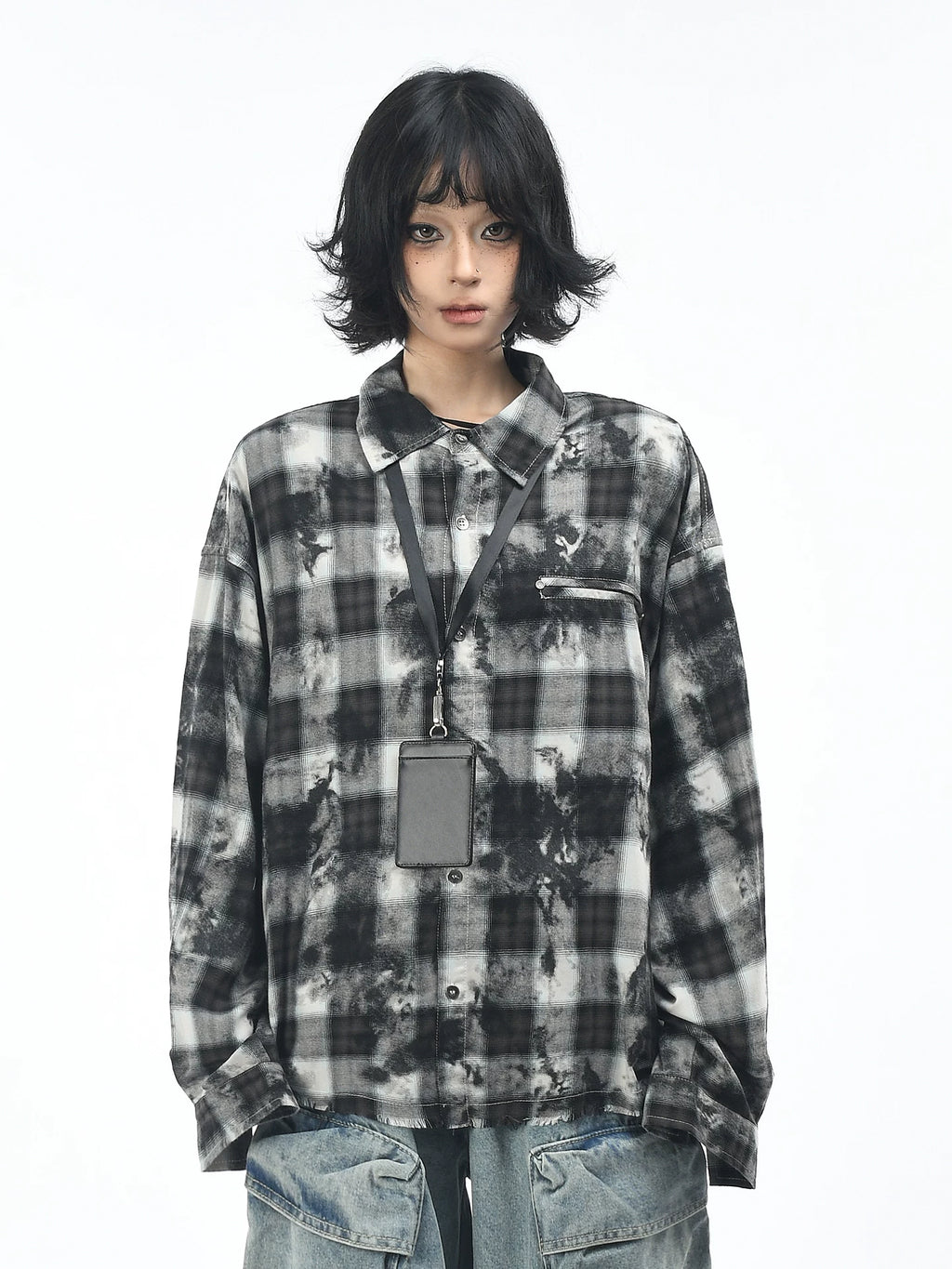 OV original American retro plaid tie dye vintage long sleeved shirt for men and women in autumn, loose and casual, fringed shirt trend